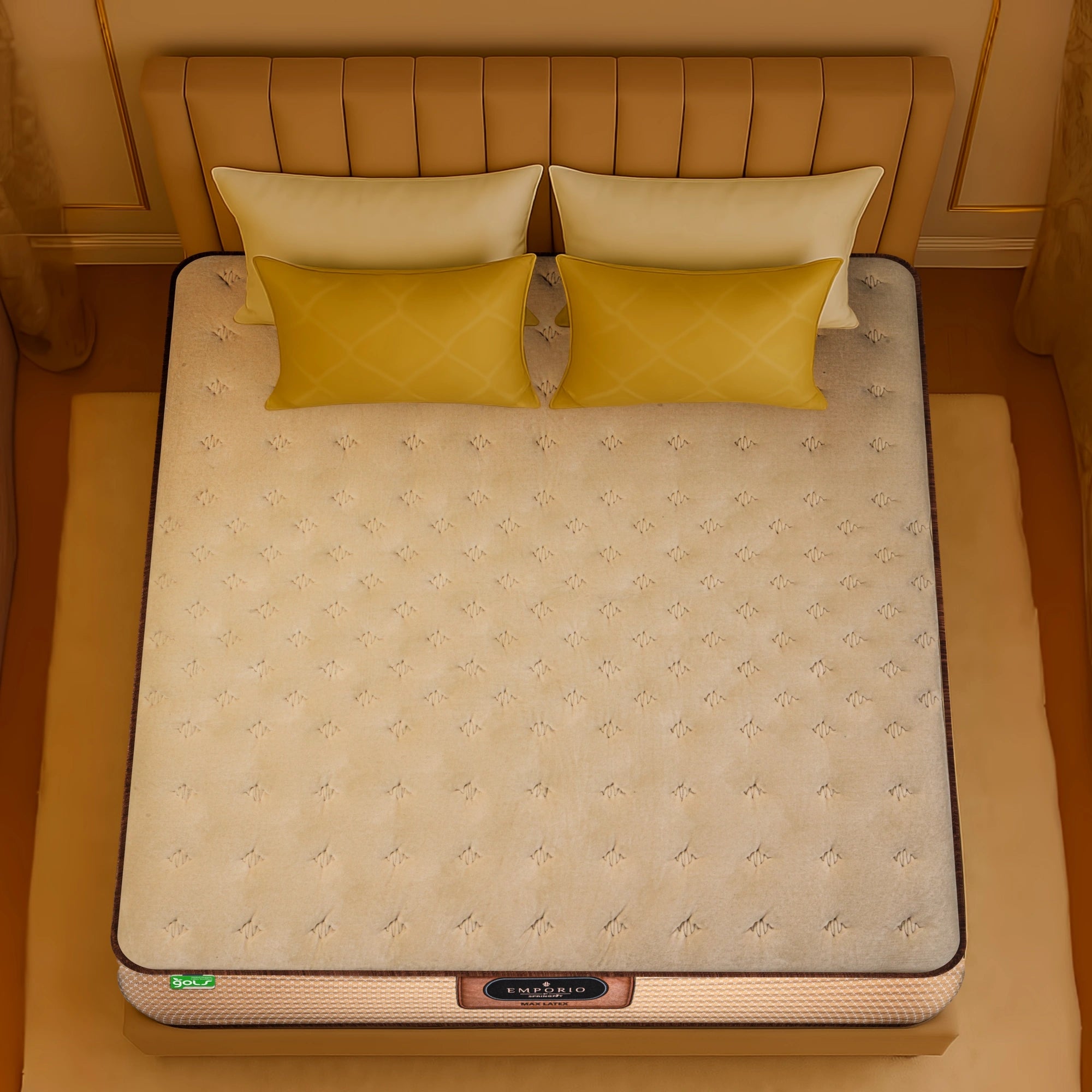Top-down view of Springfit Emporio Max Latex mattress showing premium cream velour tufted fabric surface with yellow and beige accent pillows