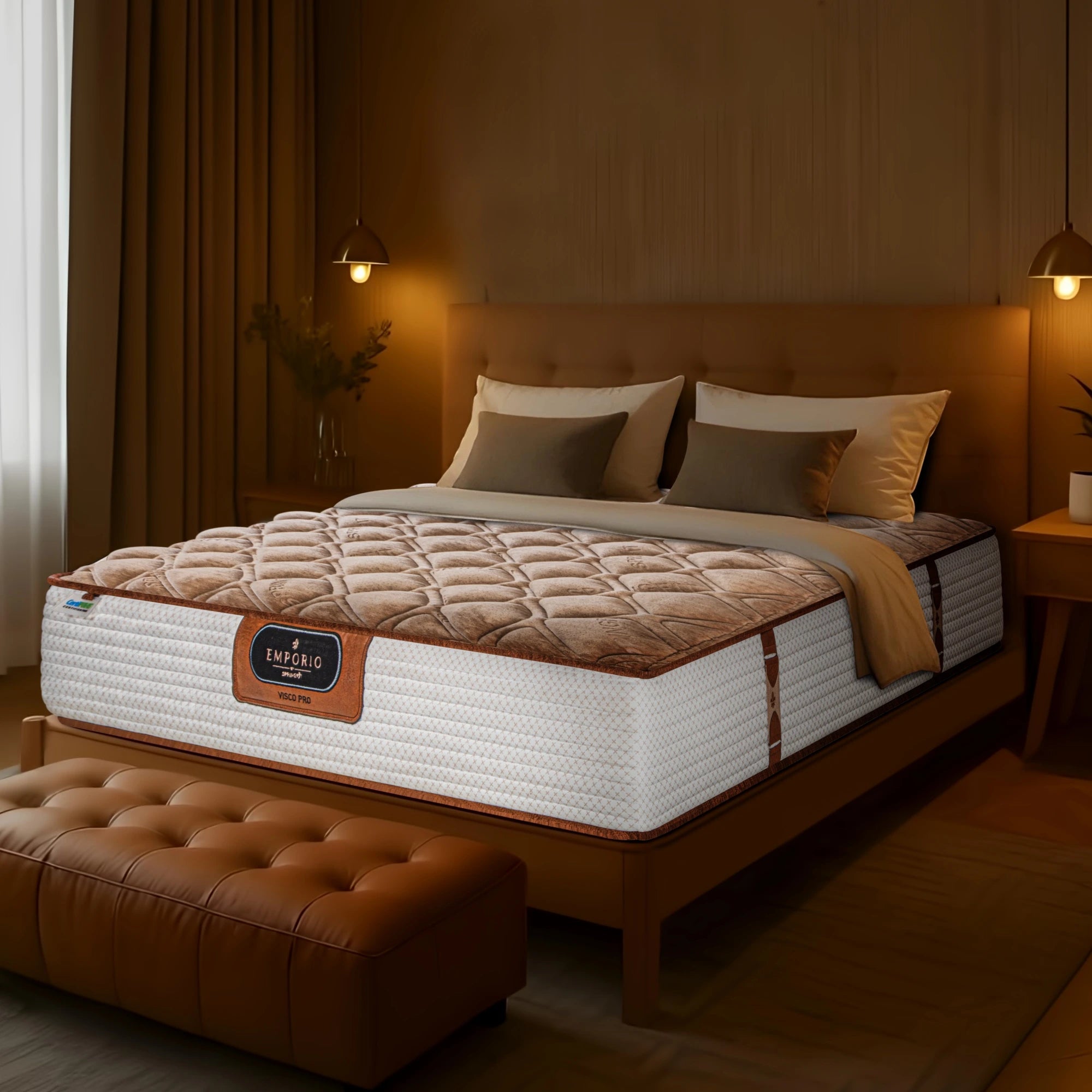Angled side view of the Springfit Emporio Visco Pro mattress with a brown velour quilted top and rust-brown border trim, on a wooden bed frame in a moody amber-lit bedroom with a leather tufted bench at the foot