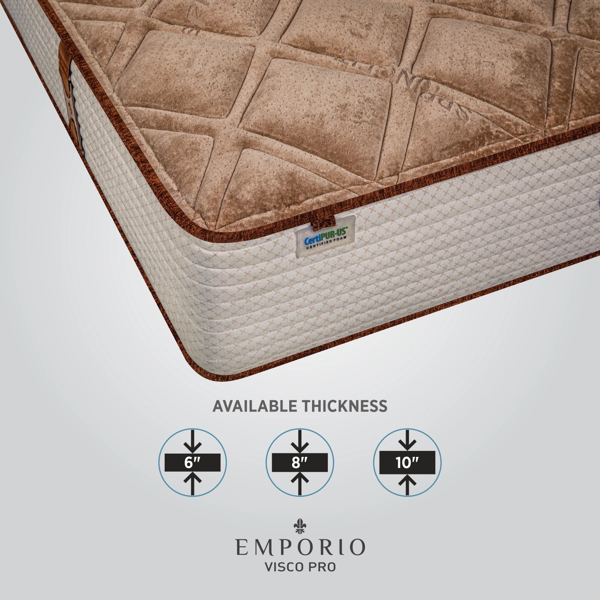 Corner close-up of the Springfit Emporio Visco Pro mattress showing its brown velour quilted top, rust-brown cord border trim, and CertiPUR-US certified foam label, with an infographic showing three available thickness options: 6 inches, 8 inches, and 10 inches