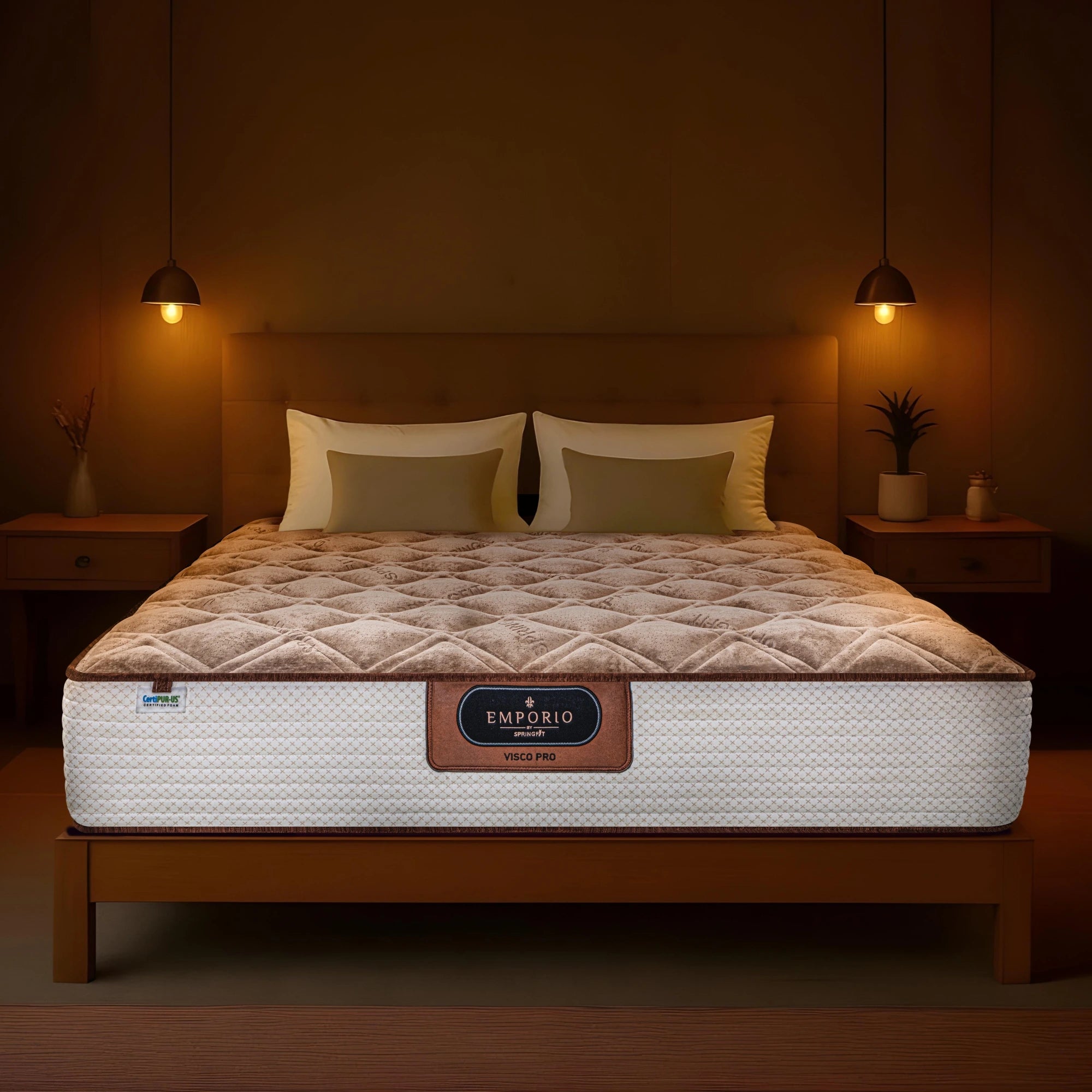 Front-facing view of the Springfit Emporio Visco Pro mattress with a brown velour diamond-quilted pillow top and white quilted base, displayed on a wooden bed in a warm amber bedroom with matching pendant lamps and gold-toned pillows