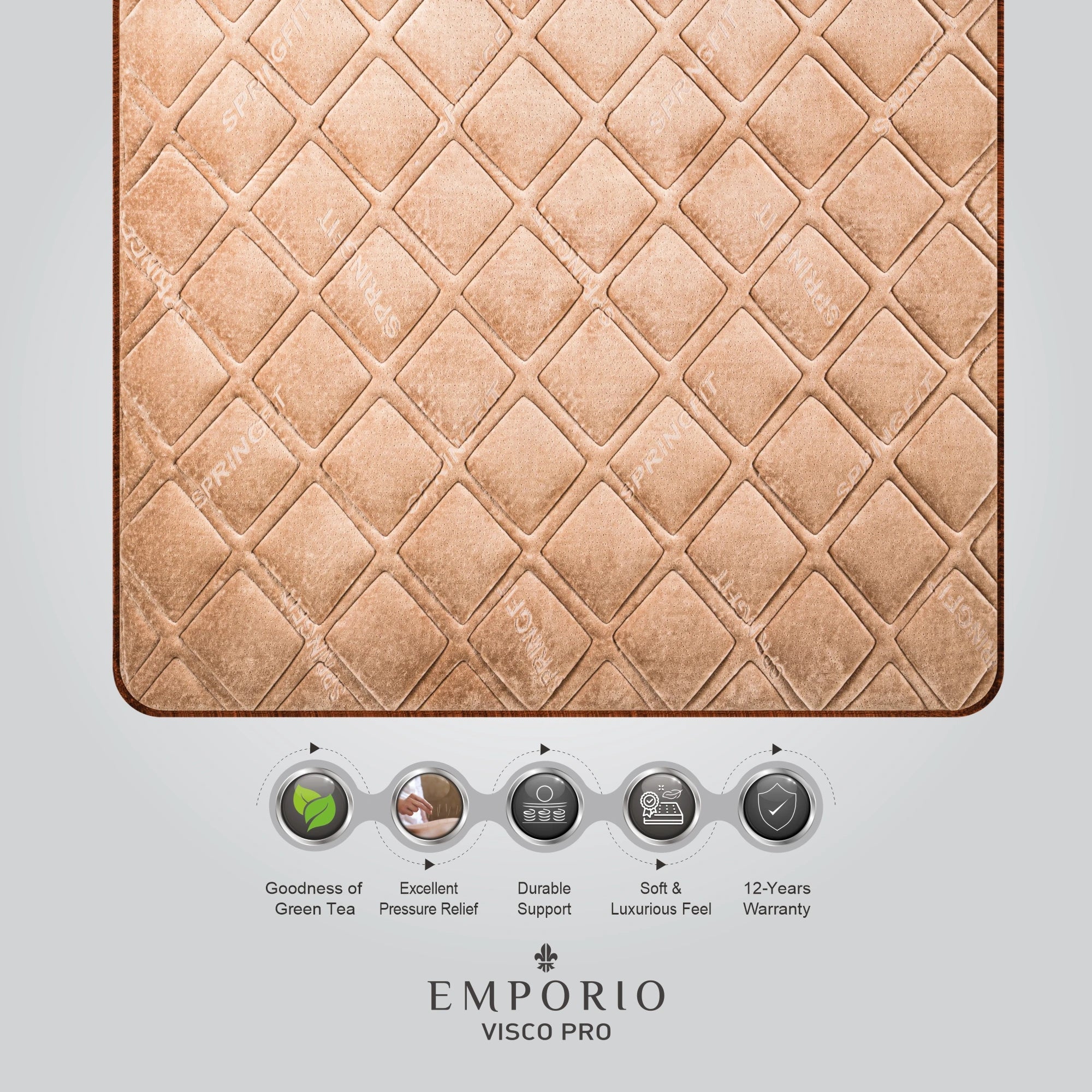 Close-up of the Springfit Emporio Visco Pro mattress brown velour branded diamond-quilt surface with feature icons highlighting Goodness of Green Tea, Excellent Pressure Relief, Durable Support, Soft and Luxurious Feel, and 12-Year Warranty