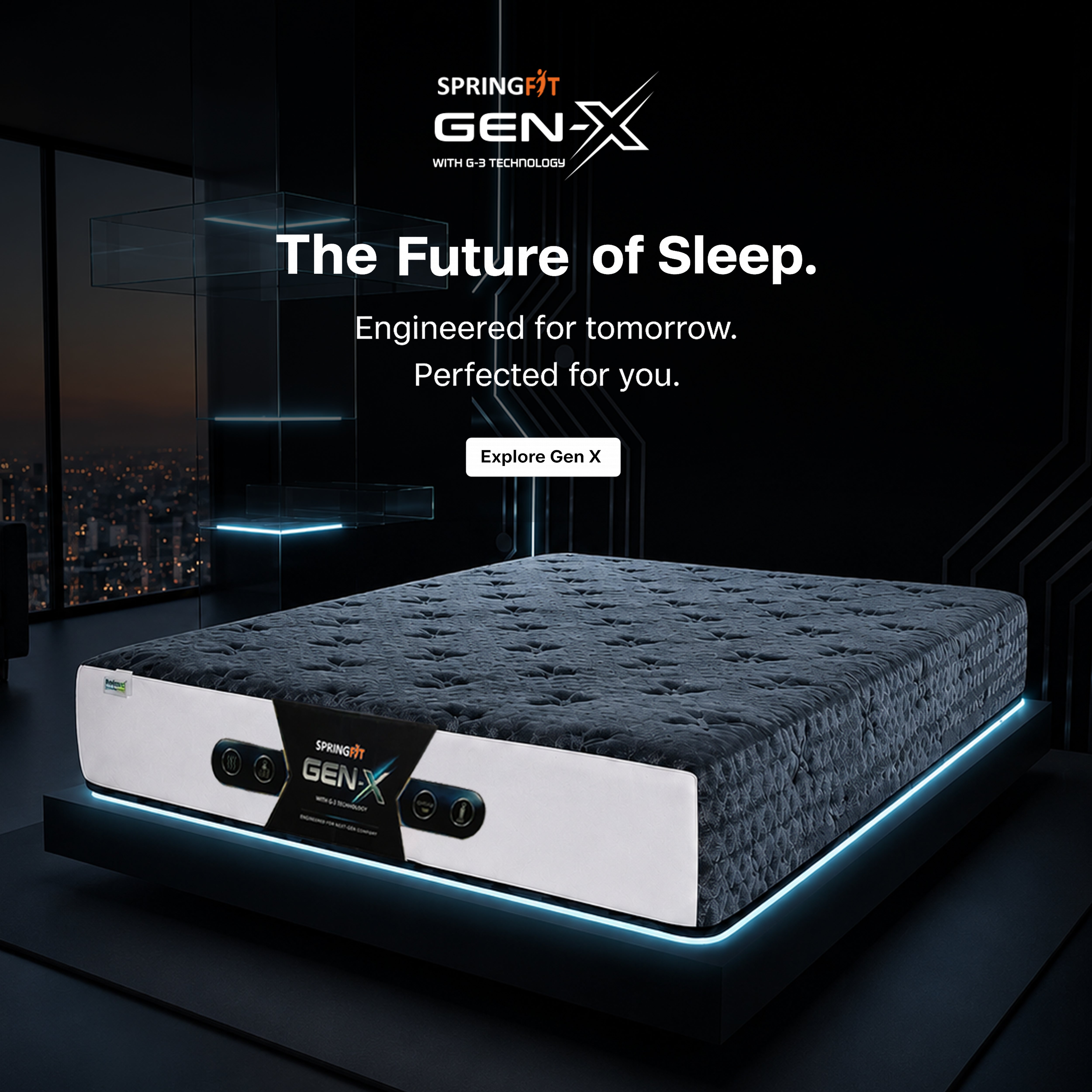 Springfit Gen-X smart mattress with advanced sleep technology designed for superior comfort, support, and futuristic sleep experience.