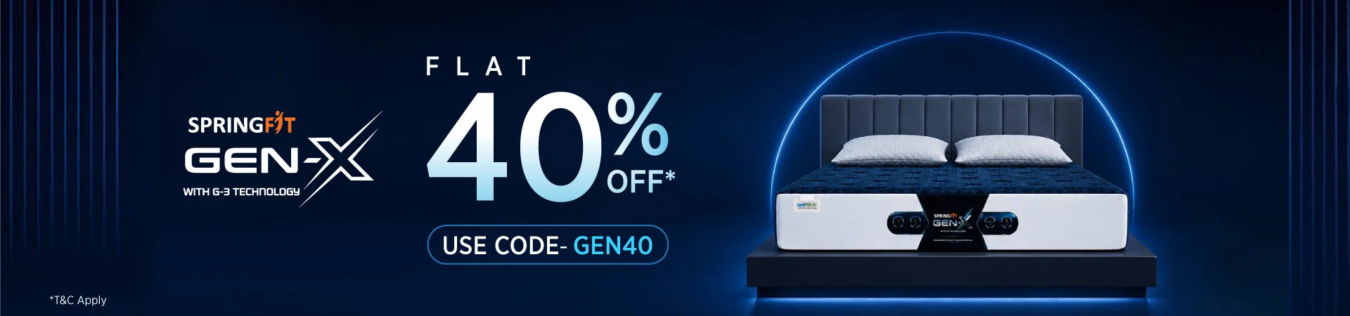 Springfit Gen-X mattress desktop banner featuring a flat 40% off sale with promo code GEN40 on a luxury bed setup.