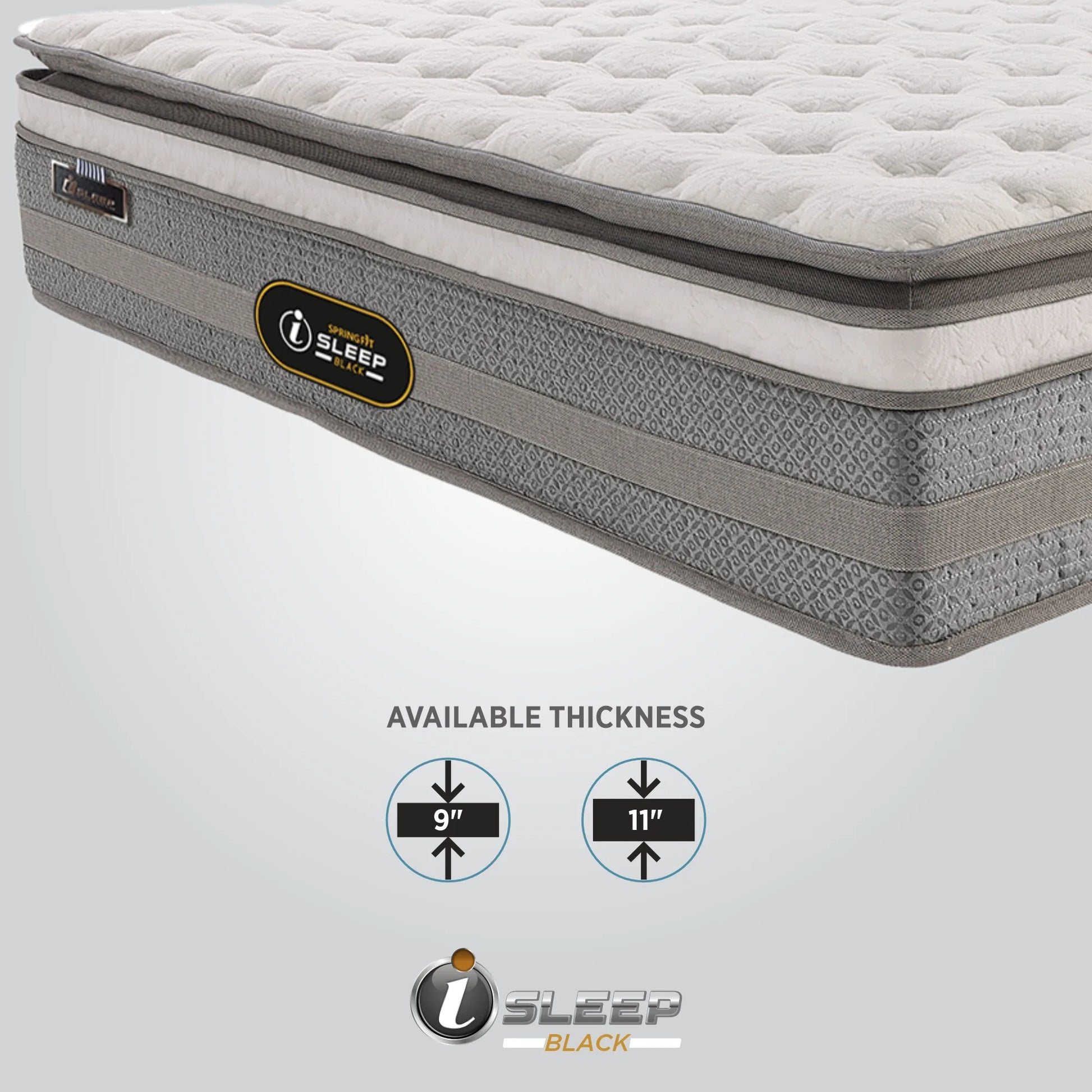 Close-up corner view of Springfit iSleep Black mattress with available thickness options of 9 inch and 11 inch