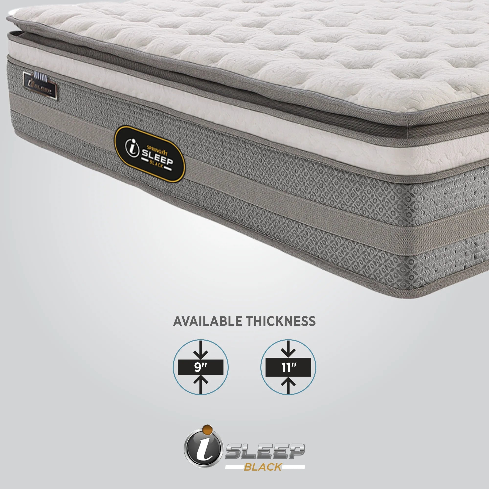 Close-up corner view of Springfit iSleep Black mattress with available thickness options of 9 inch and 11 inch