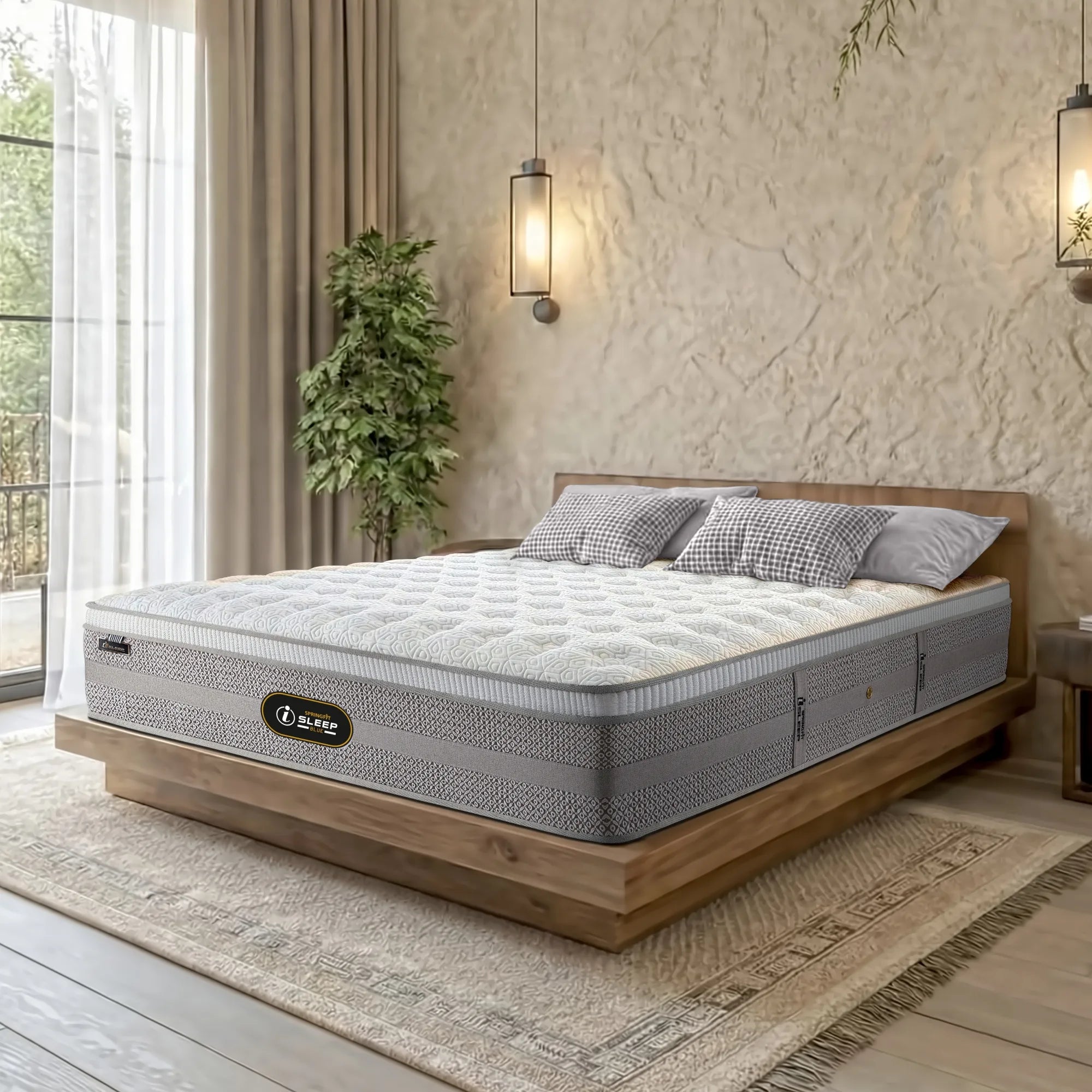 Angled side view of the Springfit iSleep Blue mattress with a white quilted top and grey geometric-patterned border, on a natural wood platform bed in a boho-style bedroom with pendant lamps and indoor greenery