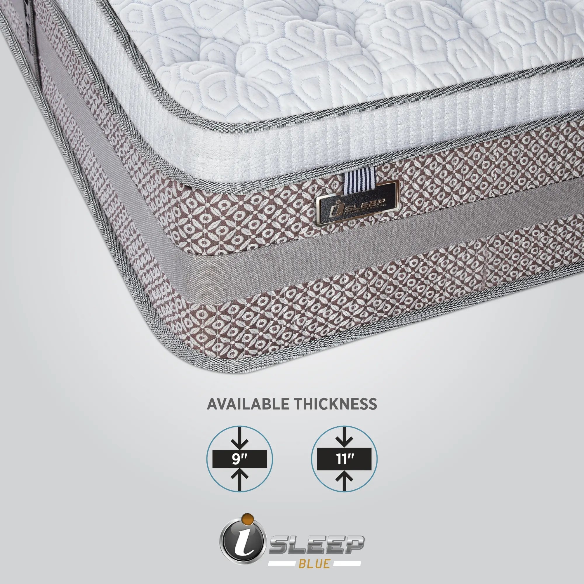 Corner close-up of the Springfit iSleep Blue mattress highlighting its white geometric-quilted top, brown and grey patterned fabric border with the iSleep metal badge, with an infographic showing available thickness options of 9 inches and 11 inches