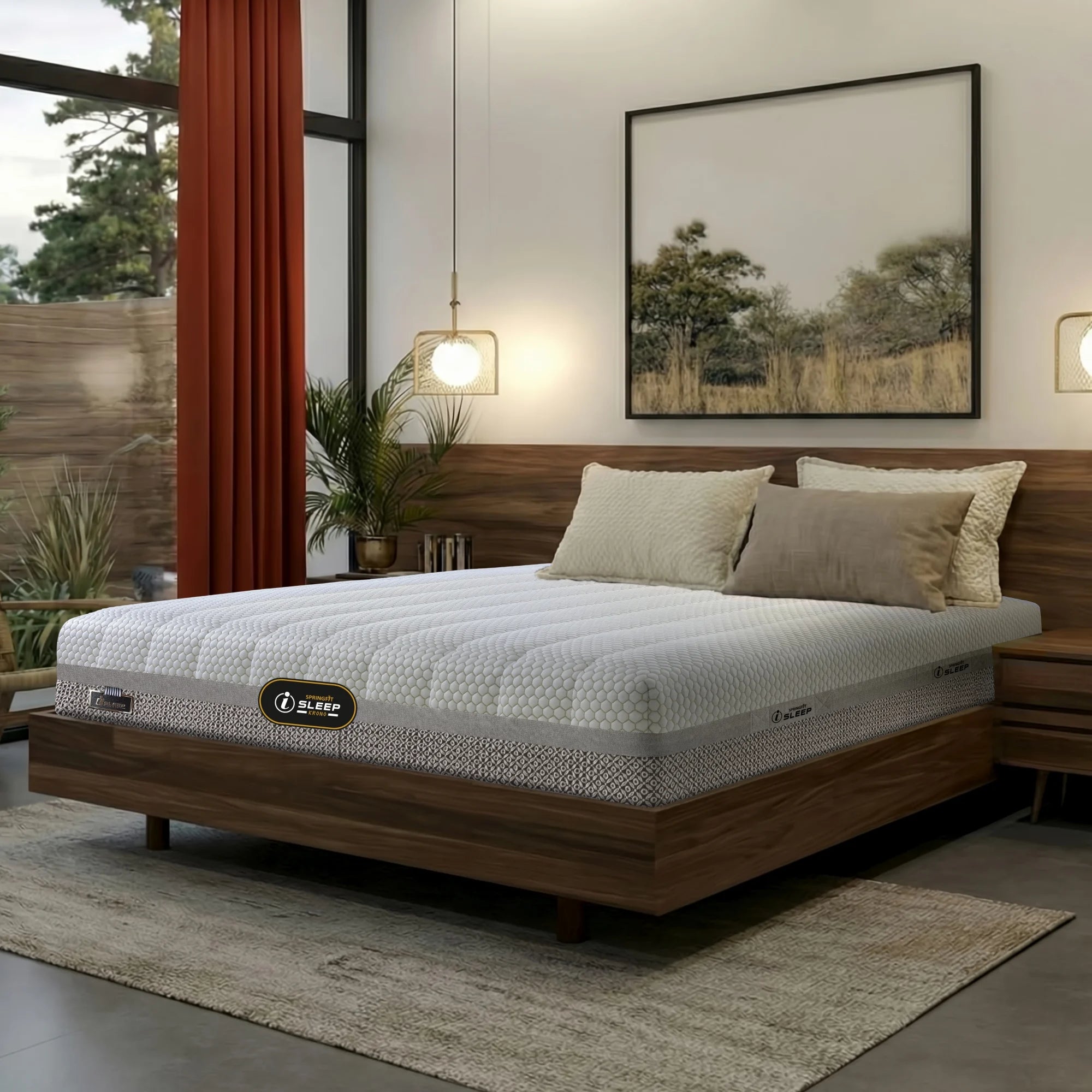 Angled side view of the Springfit iSleep Krono mattress with a white honeycomb-quilted top and dark brown geometric-patterned border, on a dark walnut platform bed in a contemporary bedroom with terracotta curtains and indoor plants