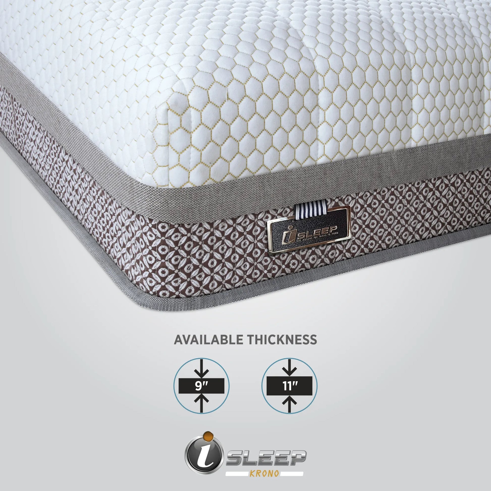 Corner close-up of the Springfit iSleep Krono mattress highlighting its white honeycomb fabric with gold stitching, dark brown geometric-patterned border, and metal iSleep badge, with an infographic showing available thickness options of 9 inches and 11 inches