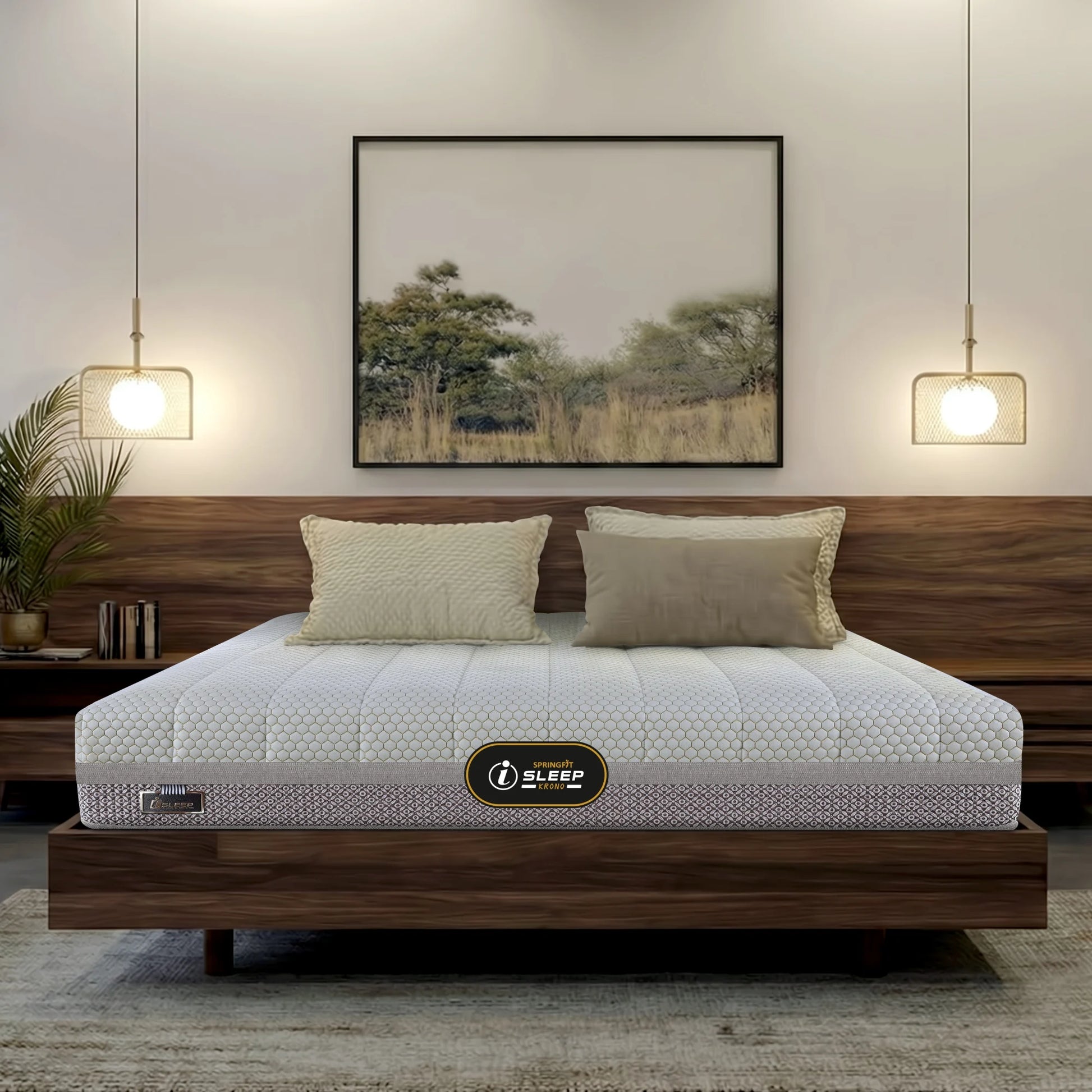 Front-facing view of the Springfit iSleep Krono mattress with a white honeycomb-textured top and dark patterned fabric border, displayed on a dark walnut low platform bed in a warm contemporary bedroom with wicker pendant lights and a nature landscape artwork
