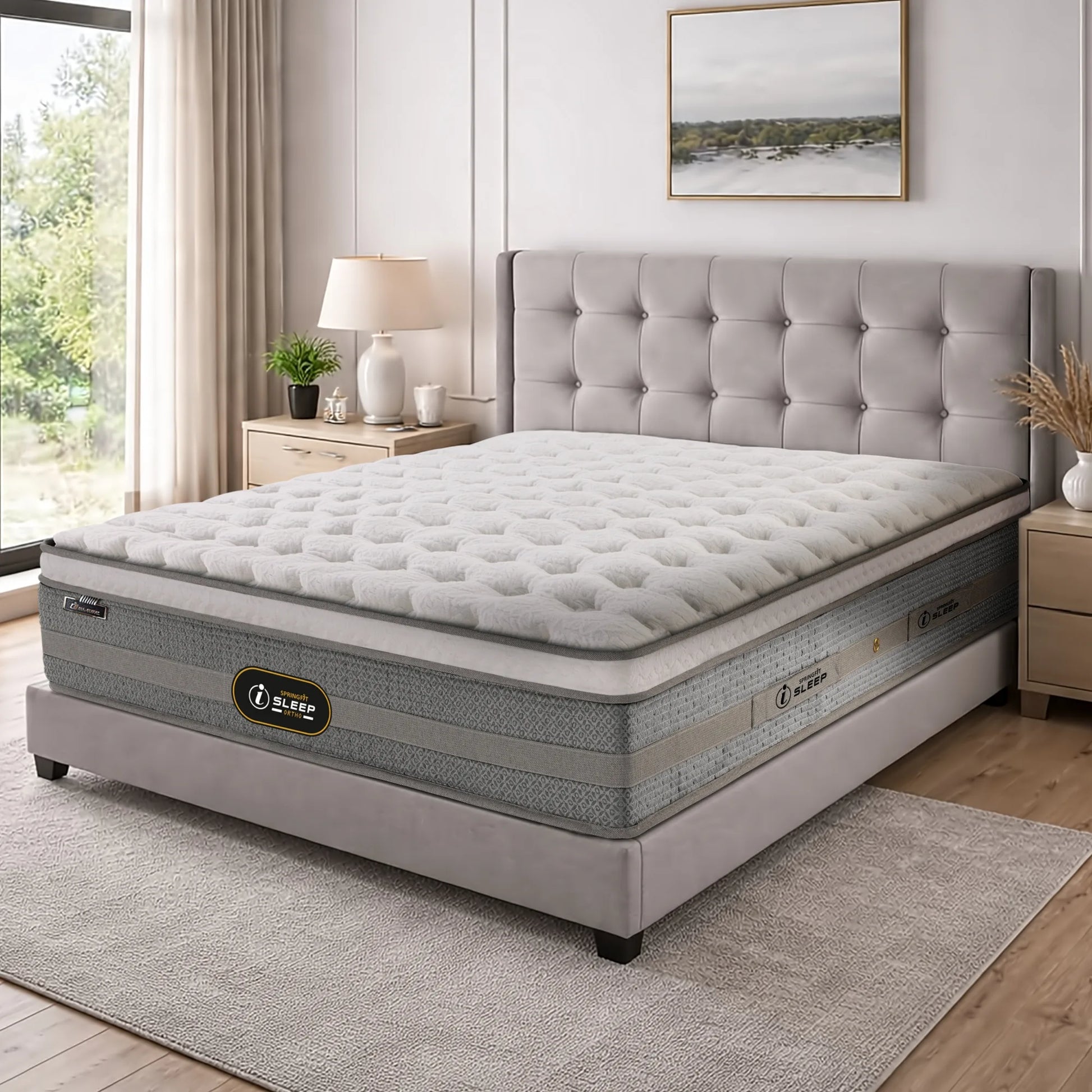 Angled side view of the Springfit iSleep Ortho mattress with a plush white quilted top, placed on a grey upholstered bed in a well-lit contemporary bedroom