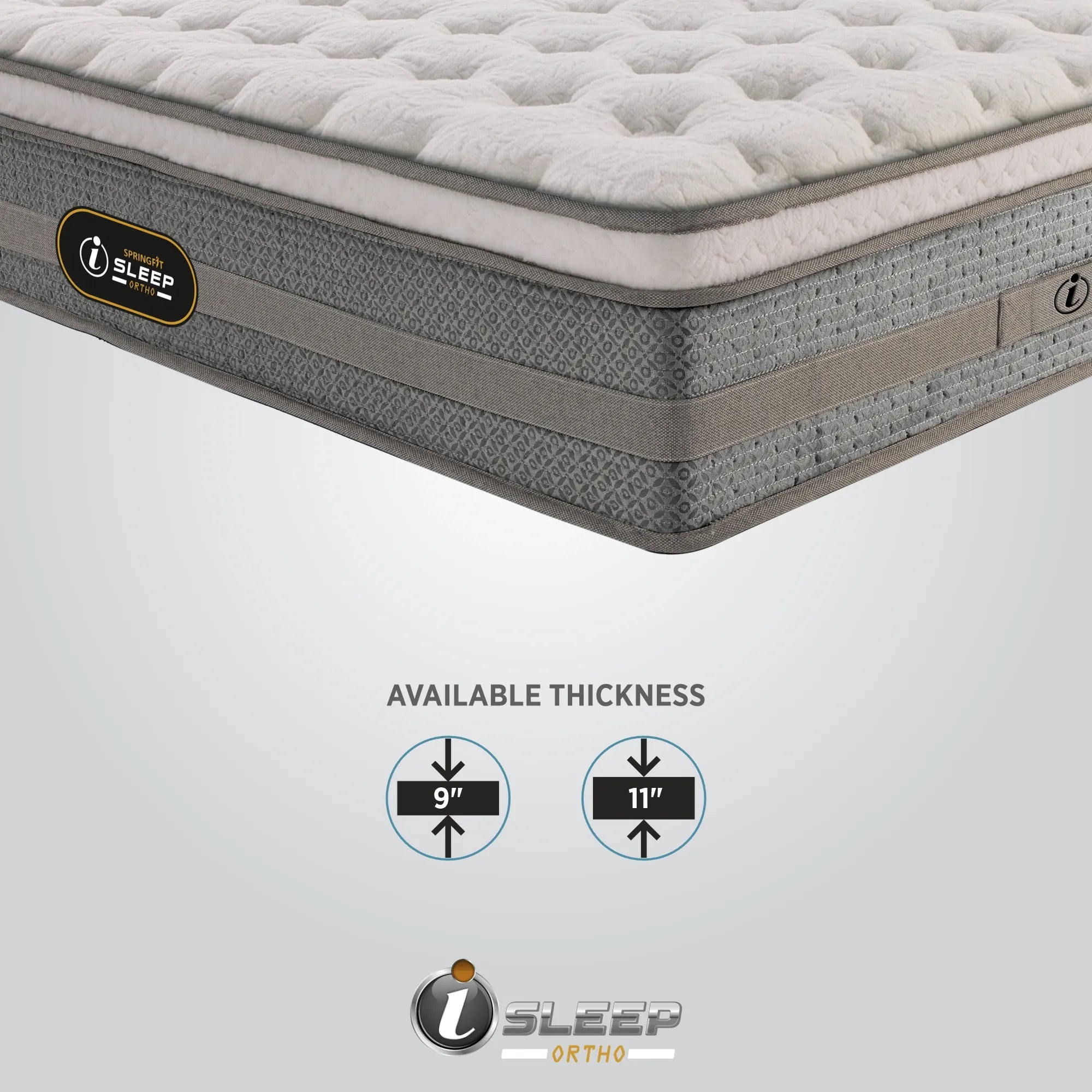 Corner close-up of the Springfit iSleep Ortho mattress with an infographic below showing the two available thickness options: 9 inches and 11 inches