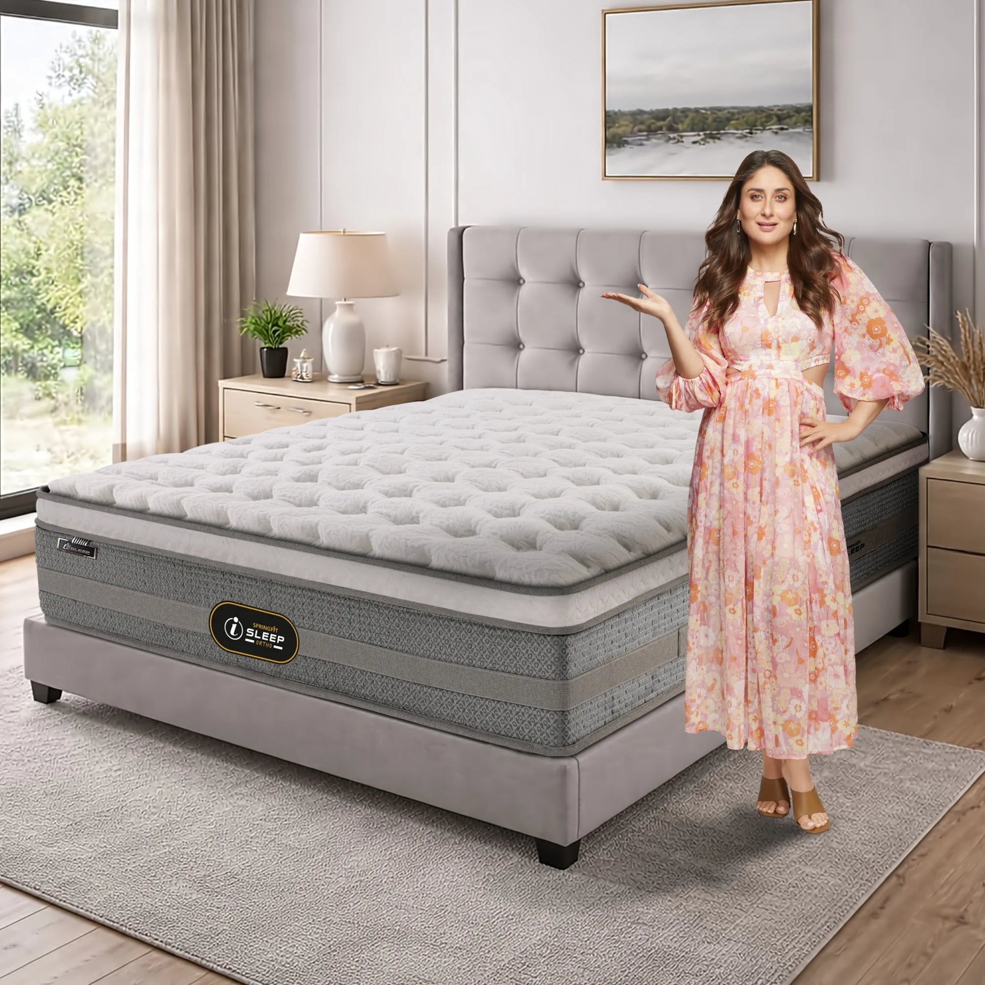 Springfit iSleep Ortho mattress on a grey upholstered bed in a bright modern bedroom, with a brand ambassador in a floral dress presenting the product