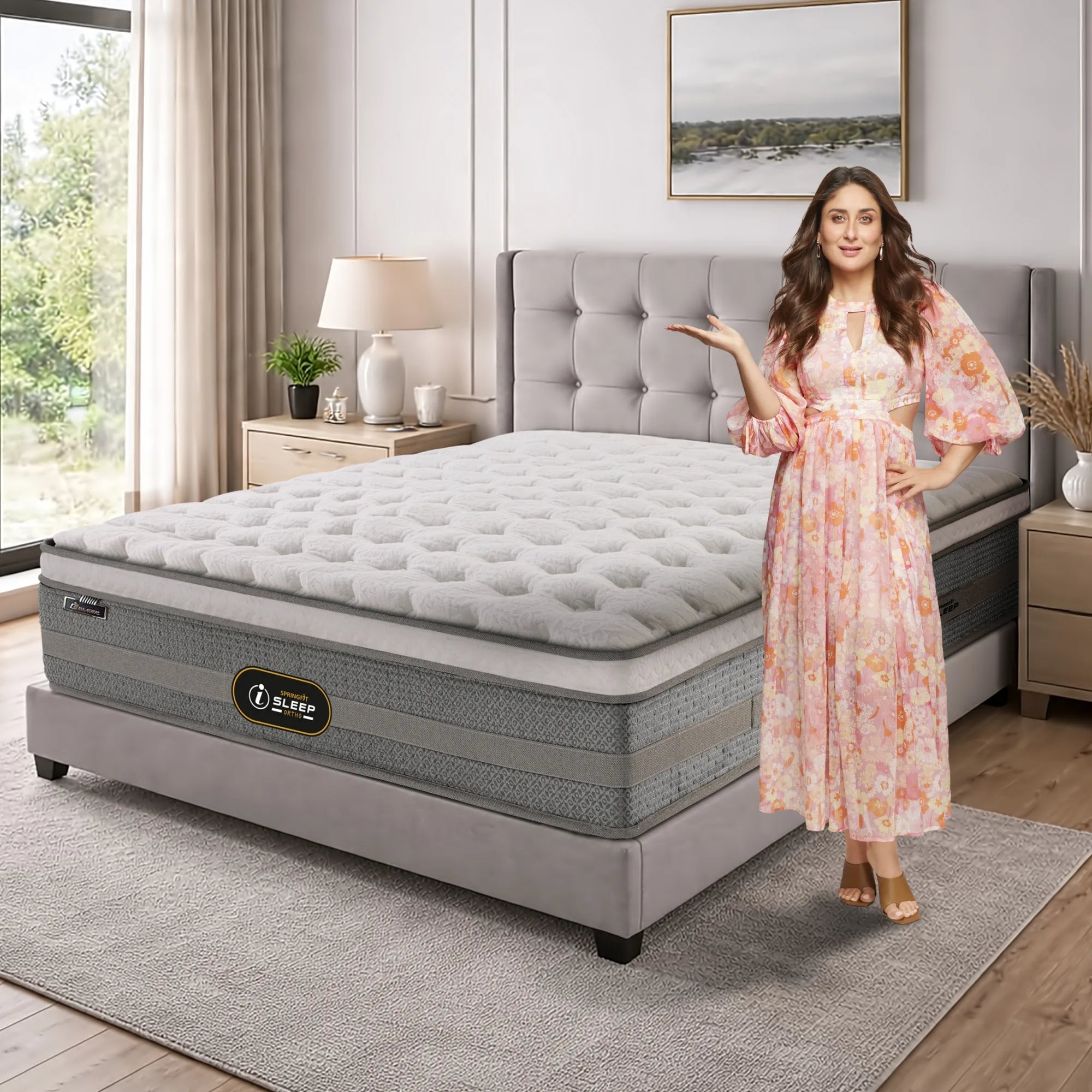 Springfit iSleep Ortho mattress on a grey upholstered bed in a bright modern bedroom, with a brand ambassador in a floral dress presenting the product
