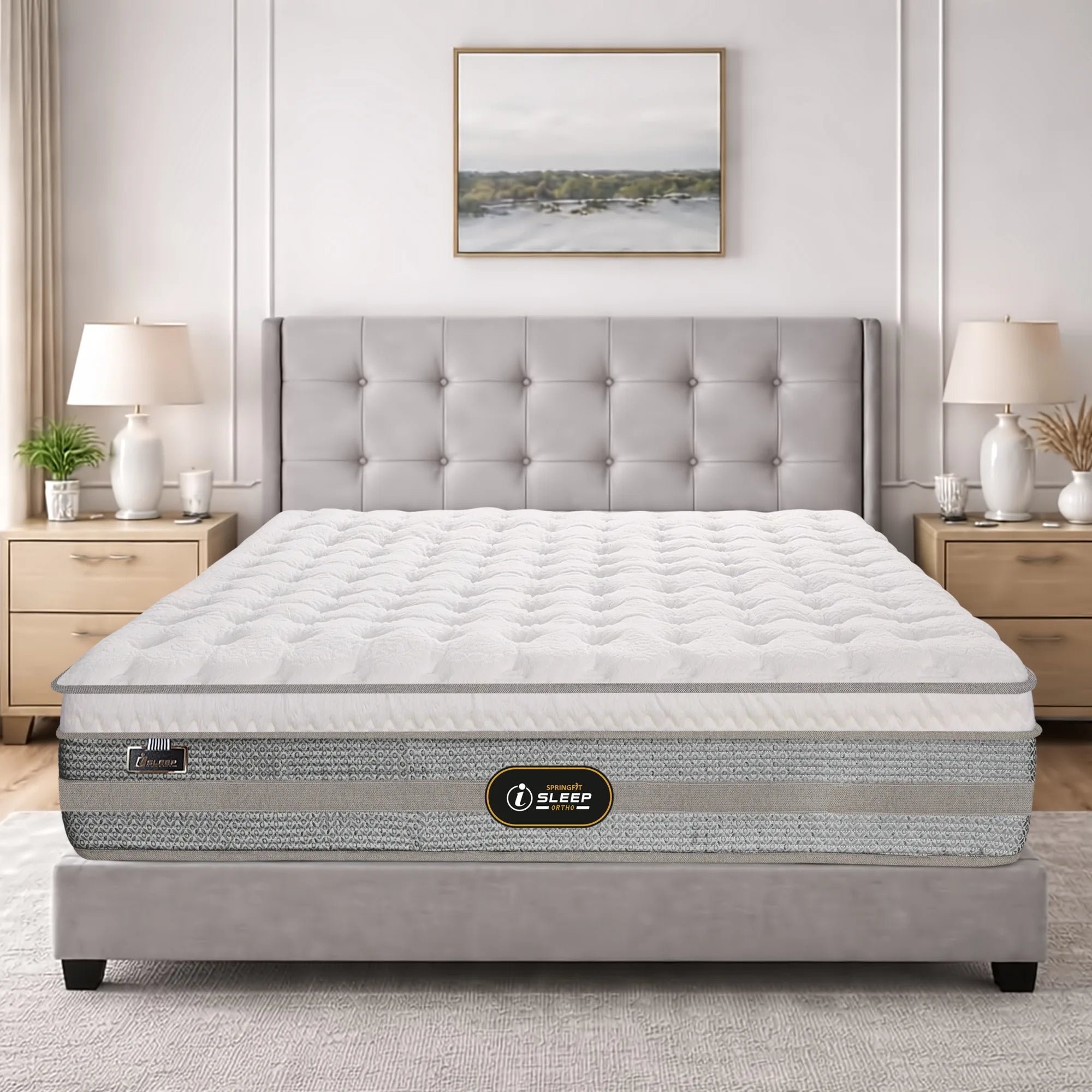 Front-facing view of the Springfit iSleep Ortho mattress on a grey tufted upholstered bed in a bright, minimalist white bedroom with matching nightstands and lamps