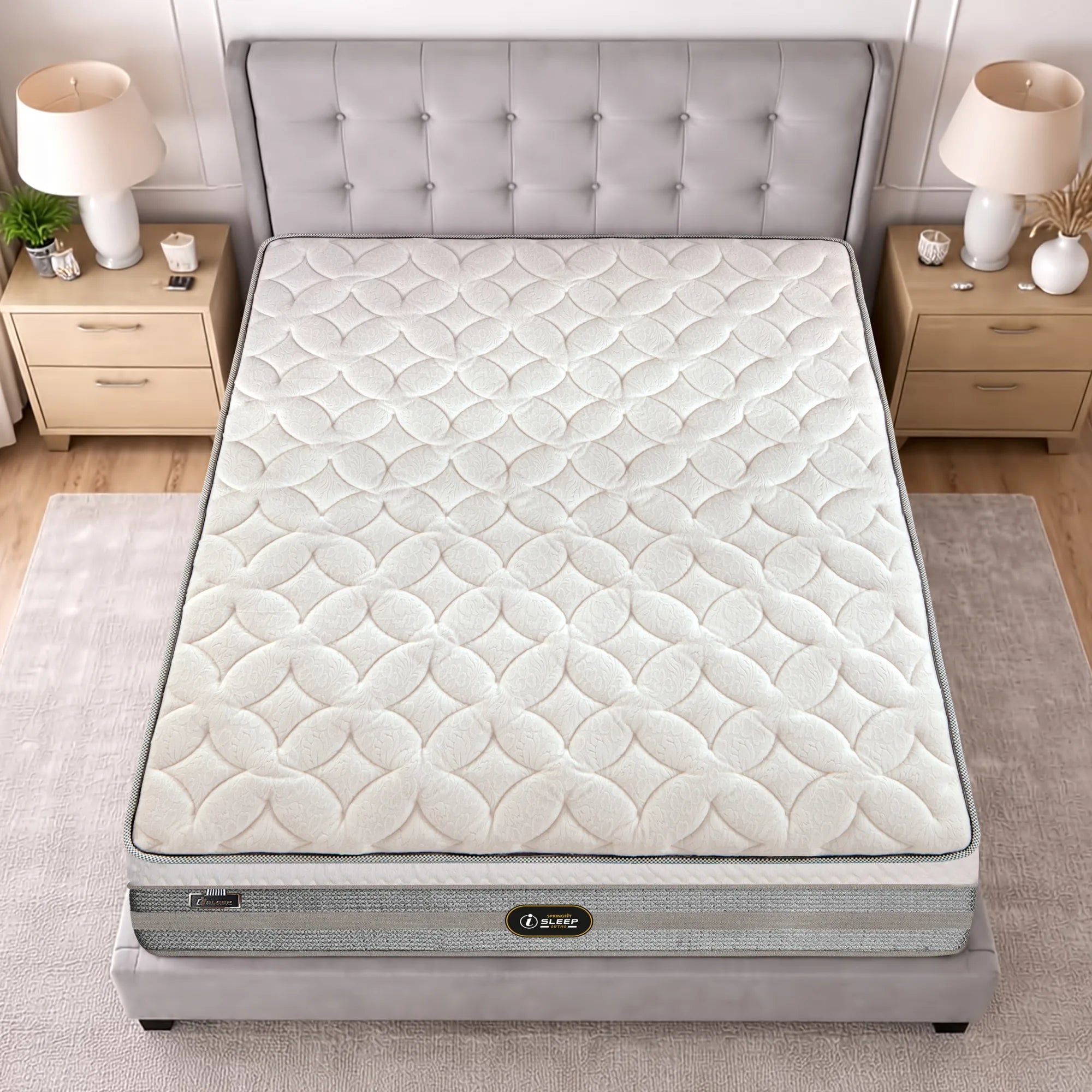 Bird's-eye top view of the Springfit iSleep Ortho mattress showing its full scallop-patterned quilted surface on a grey upholstered bed with flanking nightstands