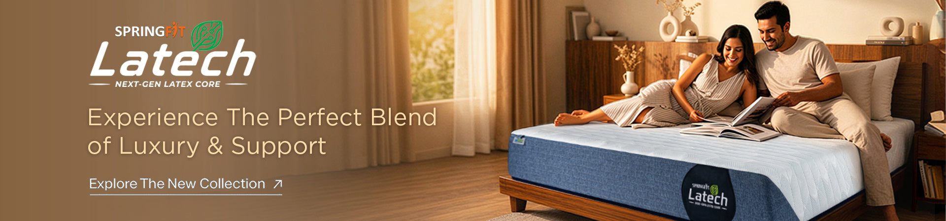 Couple relaxing on a Springfit Latech mattress featuring next-generation latex core technology for luxury comfort and body support.