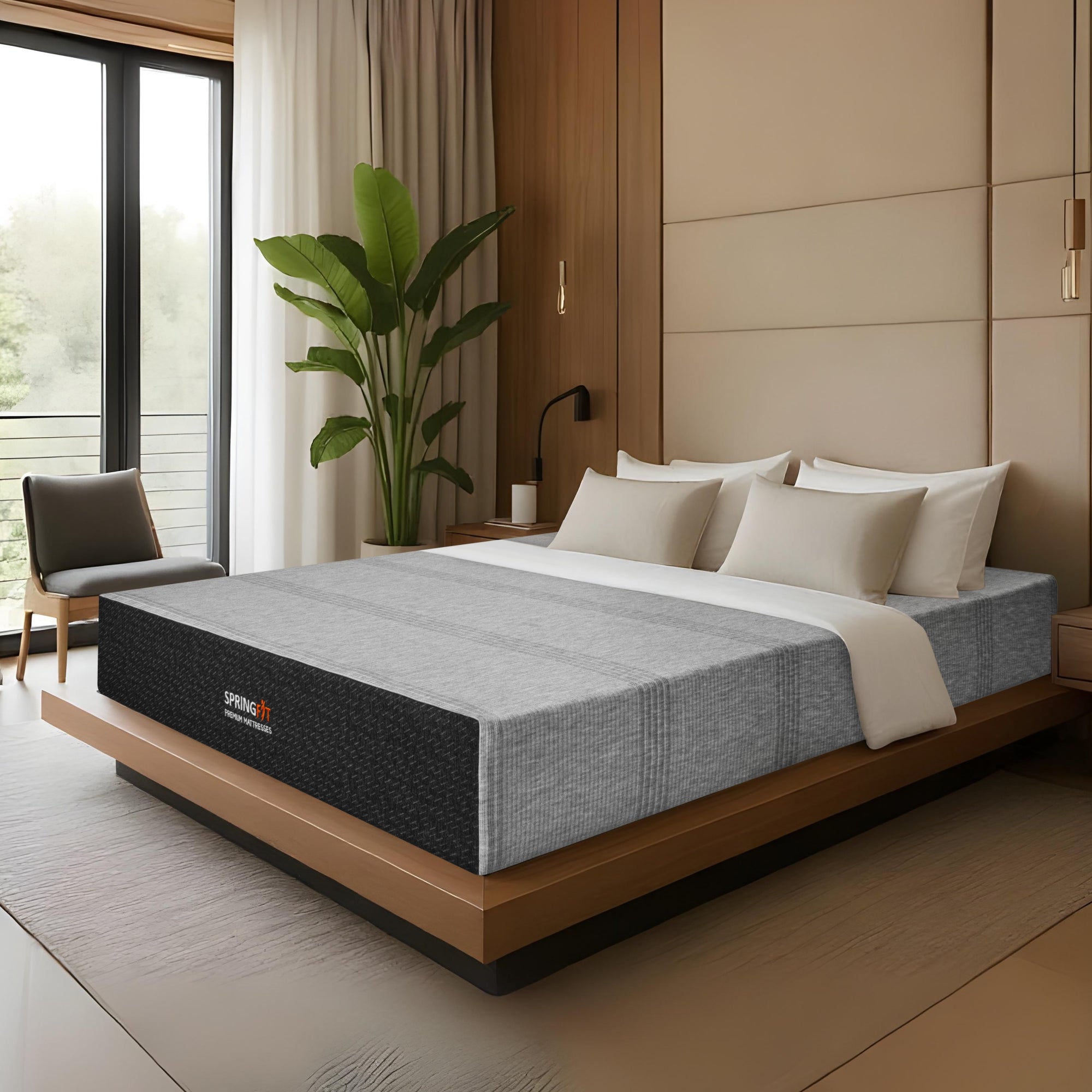 Angled side view of the Springfit Memory Foam mattress with a grey melange knitted top and dark charcoal base border, on a floating wooden platform bed in a bright modern bedroom with a large indoor plant and floor-to-ceiling windows