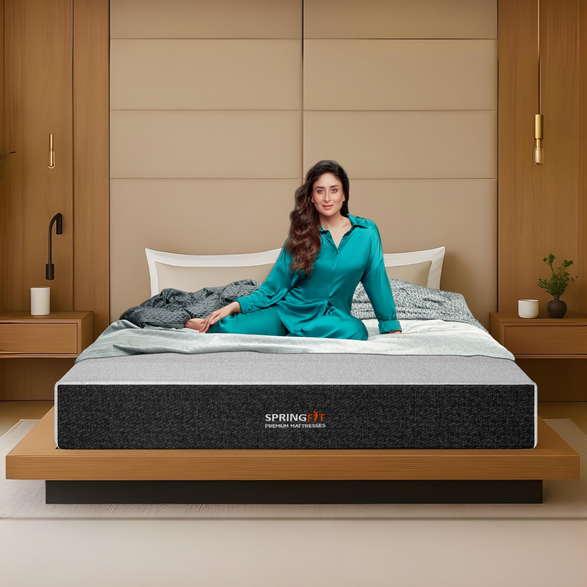 Springfit Premium Memory Foam mattress on a floating wooden platform bed in a warm wood-panelled bedroom with gold pendant lamps, with a brand ambassador in teal loungewear reclining casually on the mattress