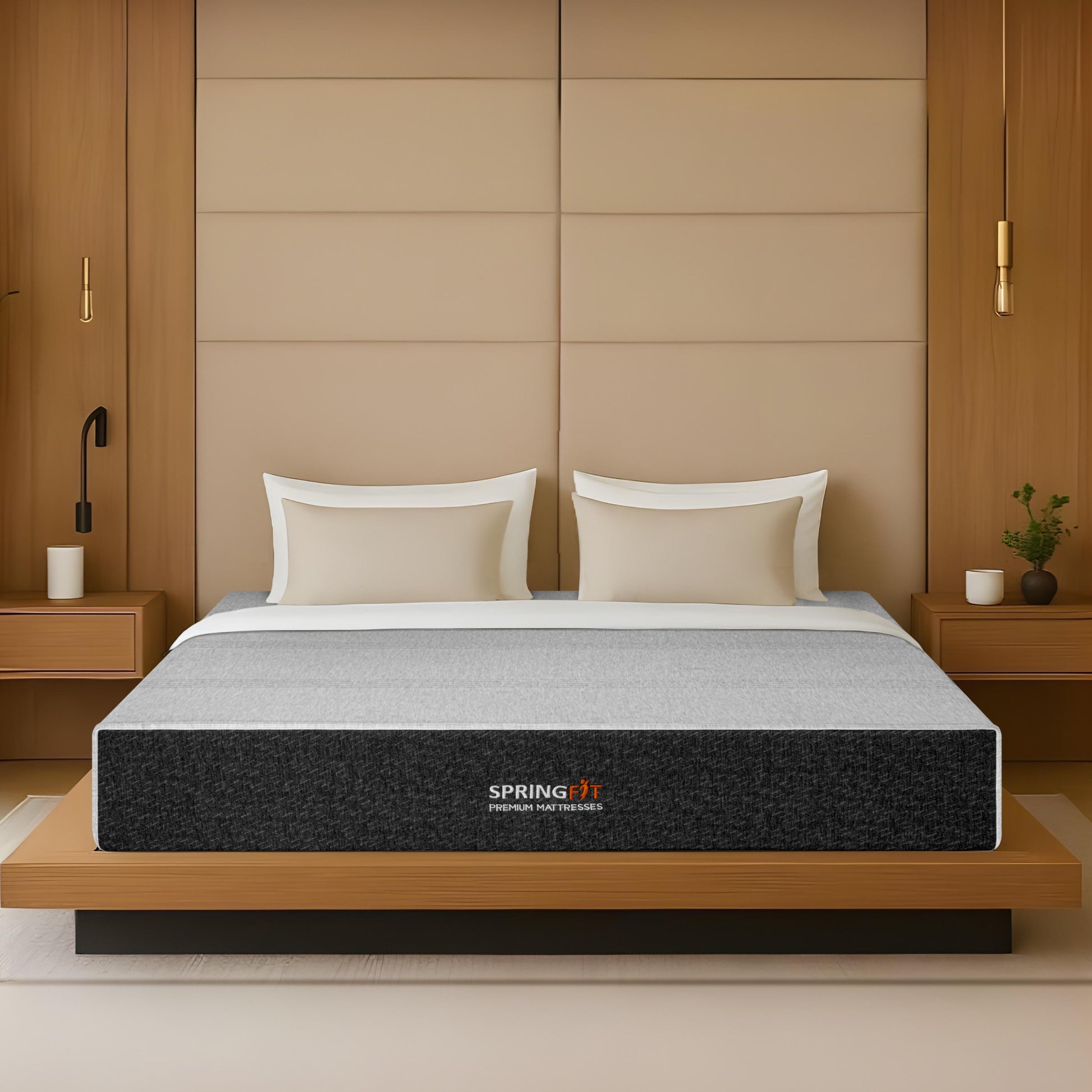 Front-facing view of the Springfit Memory Foam mattress with a light grey melange fabric top and dark charcoal woven base, on a low wooden platform bed in a warm wood-panelled bedroom with gold pendant lamps and matching nightstands