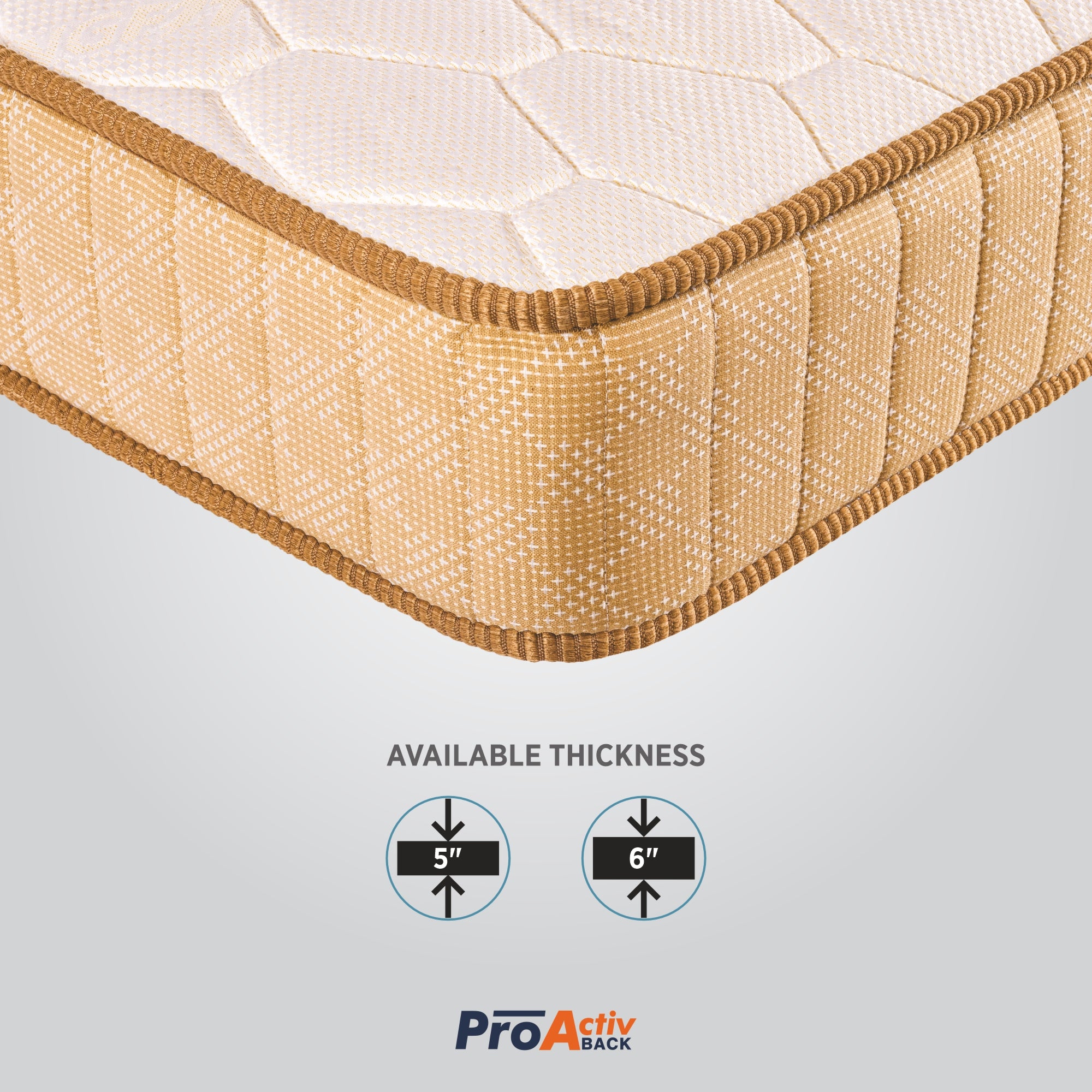Springfit ProActiv Back mattress corner close-up showing golden woven side fabric with available thickness options of 5 inch and 6 inch