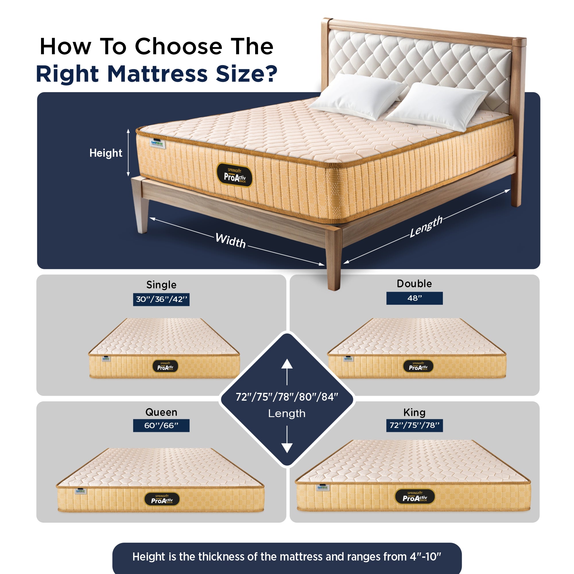 Springfit ProActiv Back mattress size guide showing Single (30"/36"/42"), Double (48"), Queen (60"/66"), and King (72"/75"/78") width options with length ranging 72" to 84" and height 4" to 10"