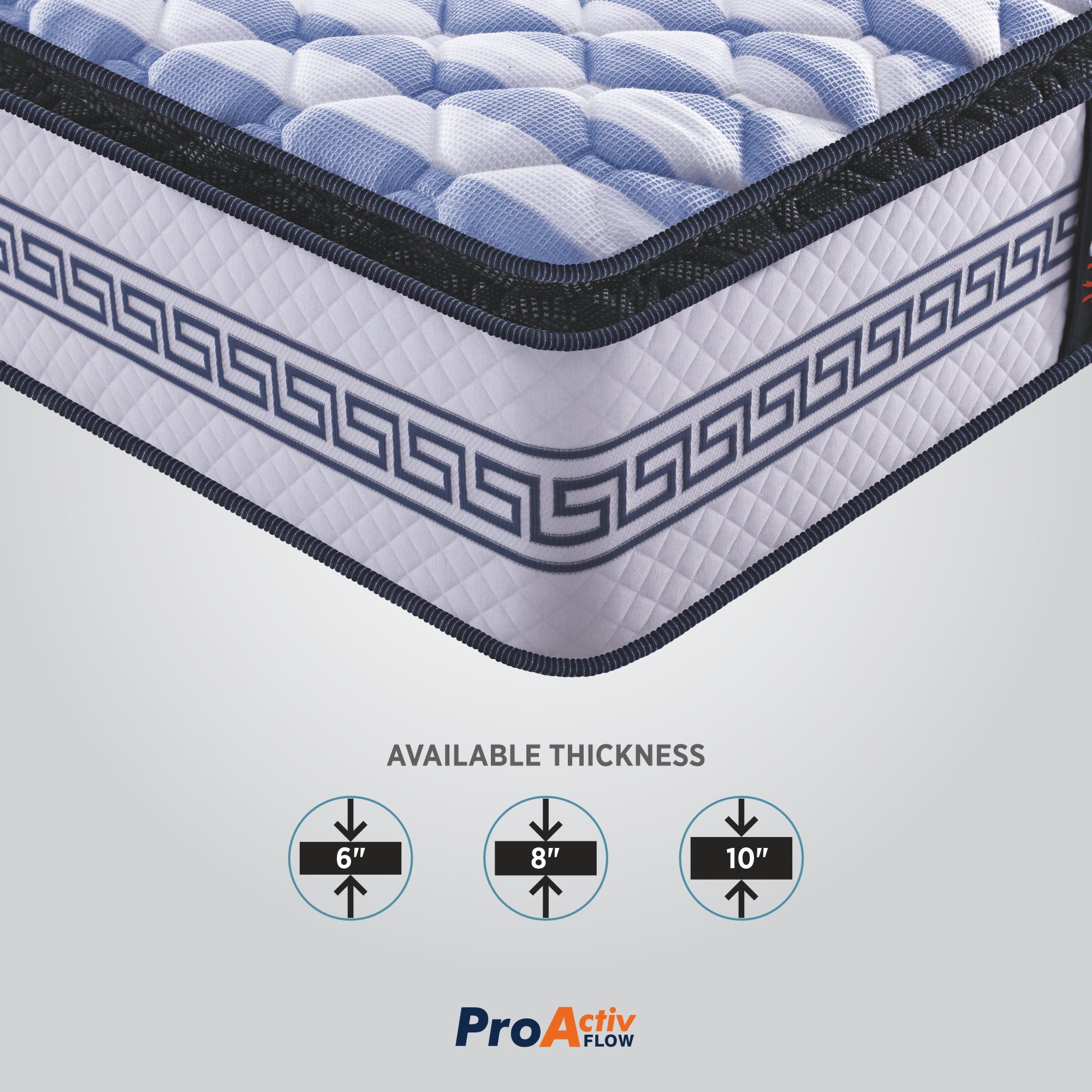 Springfit ProActiv Flow mattress corner close-up showing blue pillow-top surface with Greek key border design and available thickness options of 6 inch, 8 inch, and 10 inch