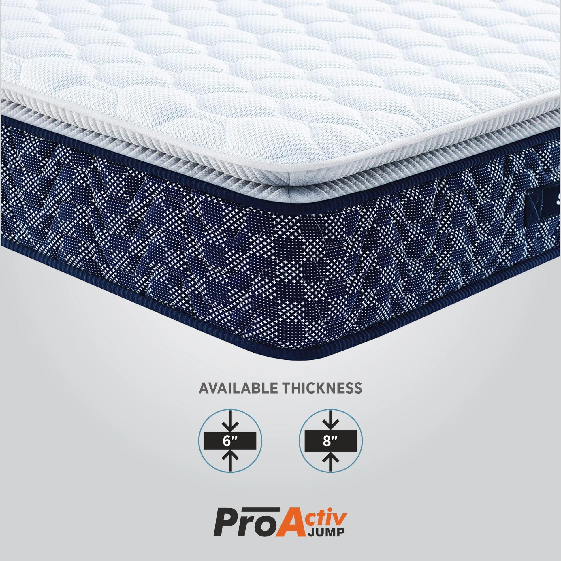 Springfit ProActiv Jump mattress corner close-up showing available thickness options of 6 inch and 8 inch with navy blue border detail