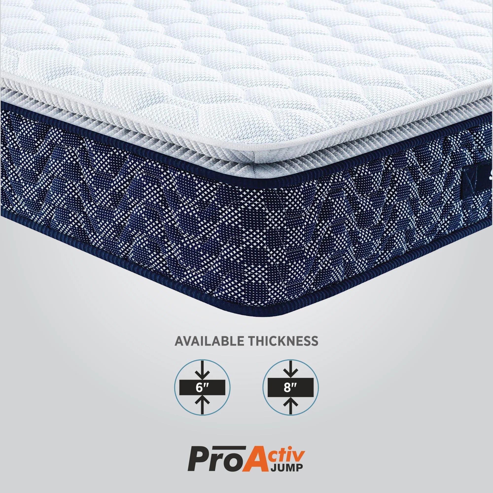 Springfit ProActiv Jump mattress corner close-up showing available thickness options of 6 inch and 8 inch with navy blue border detail