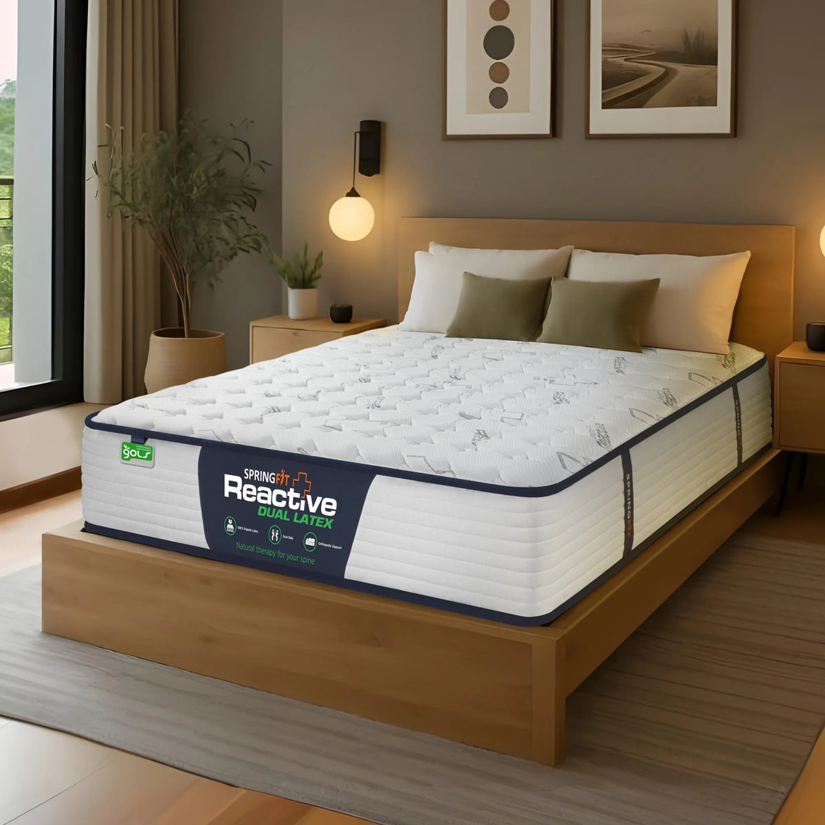 Angled side view of the Springfit Reactive Dual Latex mattress with a white quilted Health+ fabric top and navy blue border, displayed on a natural wood platform bed in a warm contemporary bedroom with GOLS certified organic latex label visible