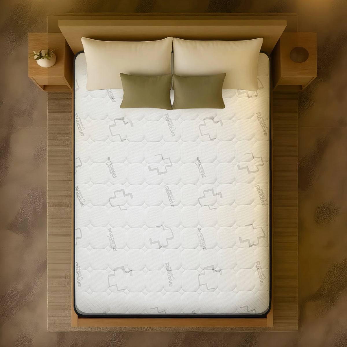 Overhead top-down view of the Springfit Reactive Dual Latex mattress showing its full white hexagonal quilted surface with a repeating Reactive brand logo pattern, on a natural wood bed with olive and cream pillows