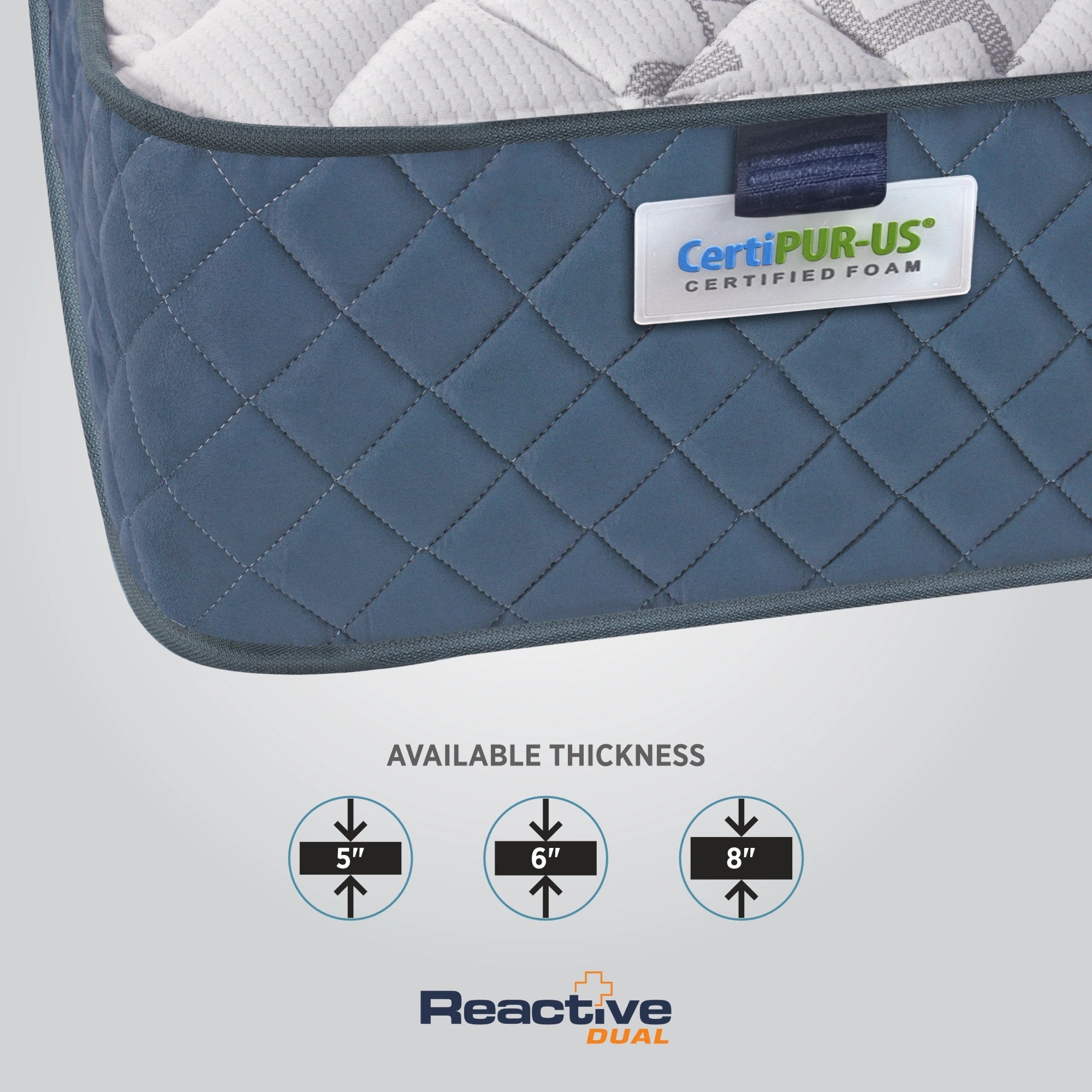 Springfit Reactive Dual mattress corner close-up showing blue quilted side fabric with CertiPUR-US Certified Foam label and available thickness options of 5 inch, 6 inch, and 8 inch