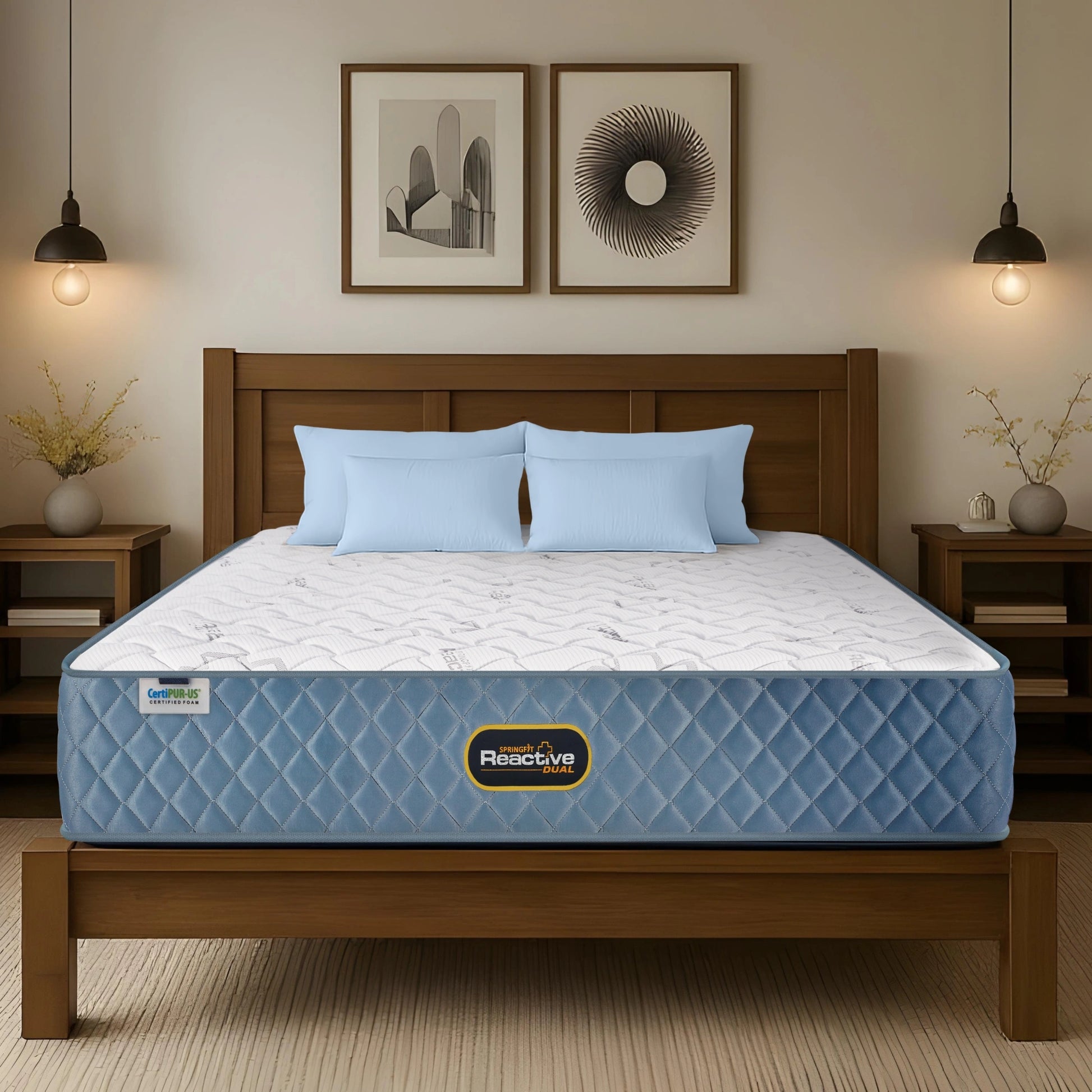 Springfit Reactive Dual mattress on solid wooden bed with light blue pillows in neutral-toned bedroom with twin pendant lights and matching wooden nightstands