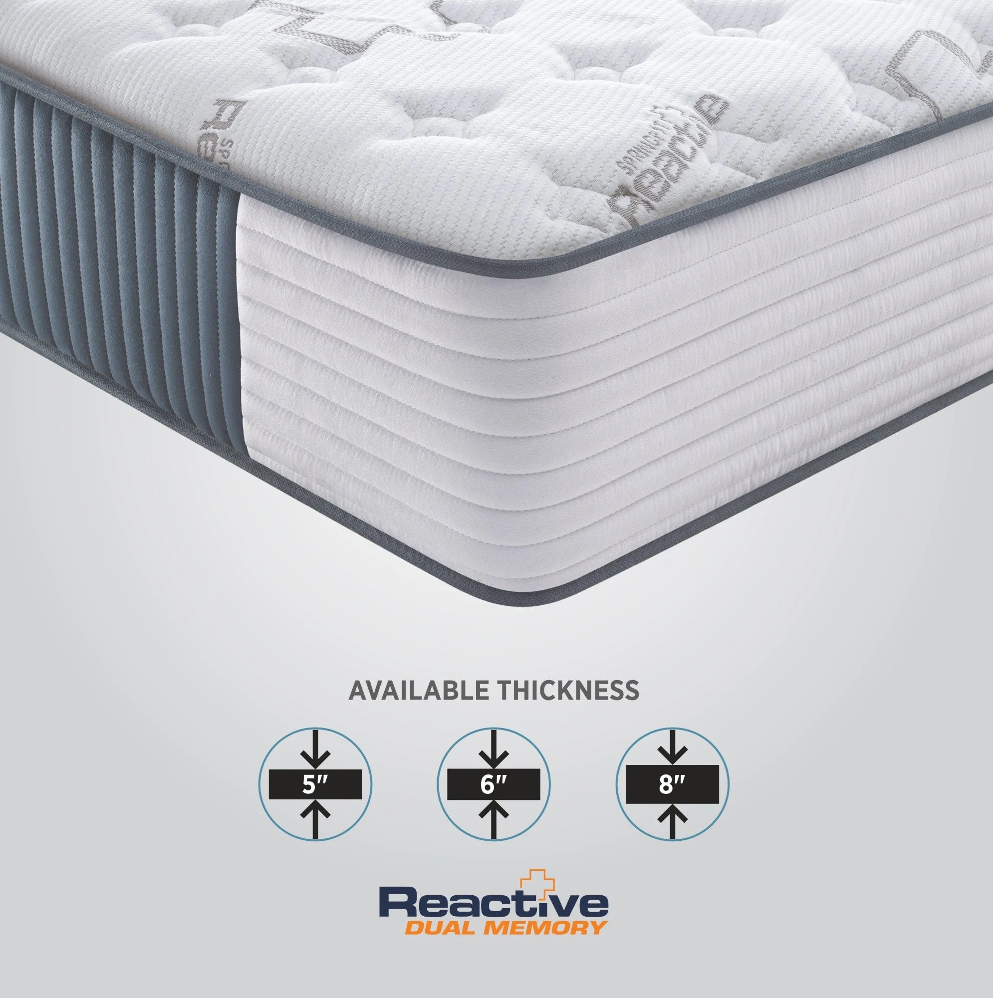 Springfit Reactive Dual Memory mattress corner close-up showing white Health+ fabric top with grey ribbed side border and available thickness options of 5 inch, 6 inch, and 8 inch