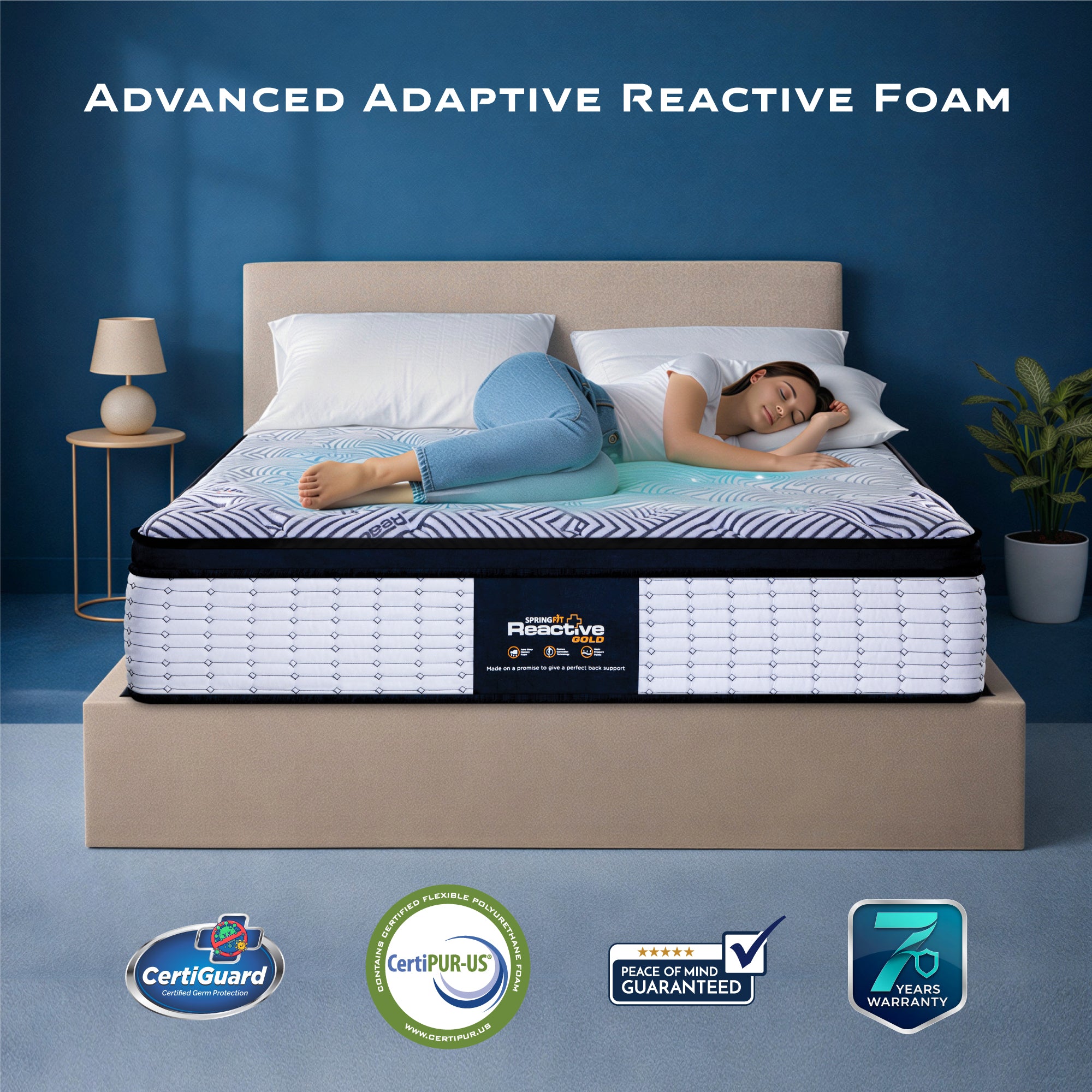 Springfit Reactive Gold mattress Advanced Adaptive Reactive Foam feature image with woman sleeping on her side on beige platform bed in blue accent bedroom with CertiGuard, CertiPUR-US, Peace of Mind, and 7-Years Warranty badges