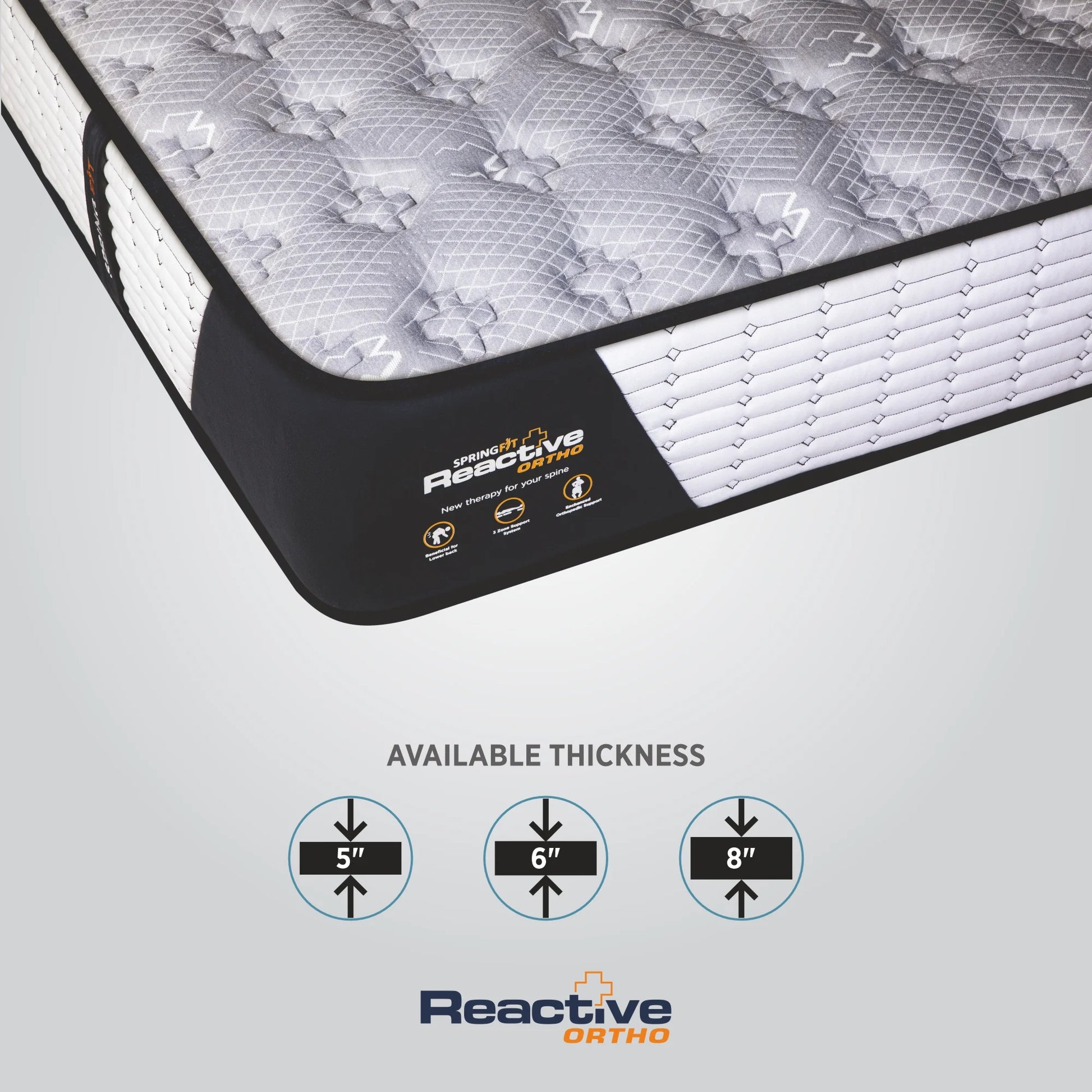 Springfit Reactive Ortho mattress corner close-up showing grey cross-pattern knitted top surface with black border label and available thickness options of 5 inch, 6 inch, and 8 inch