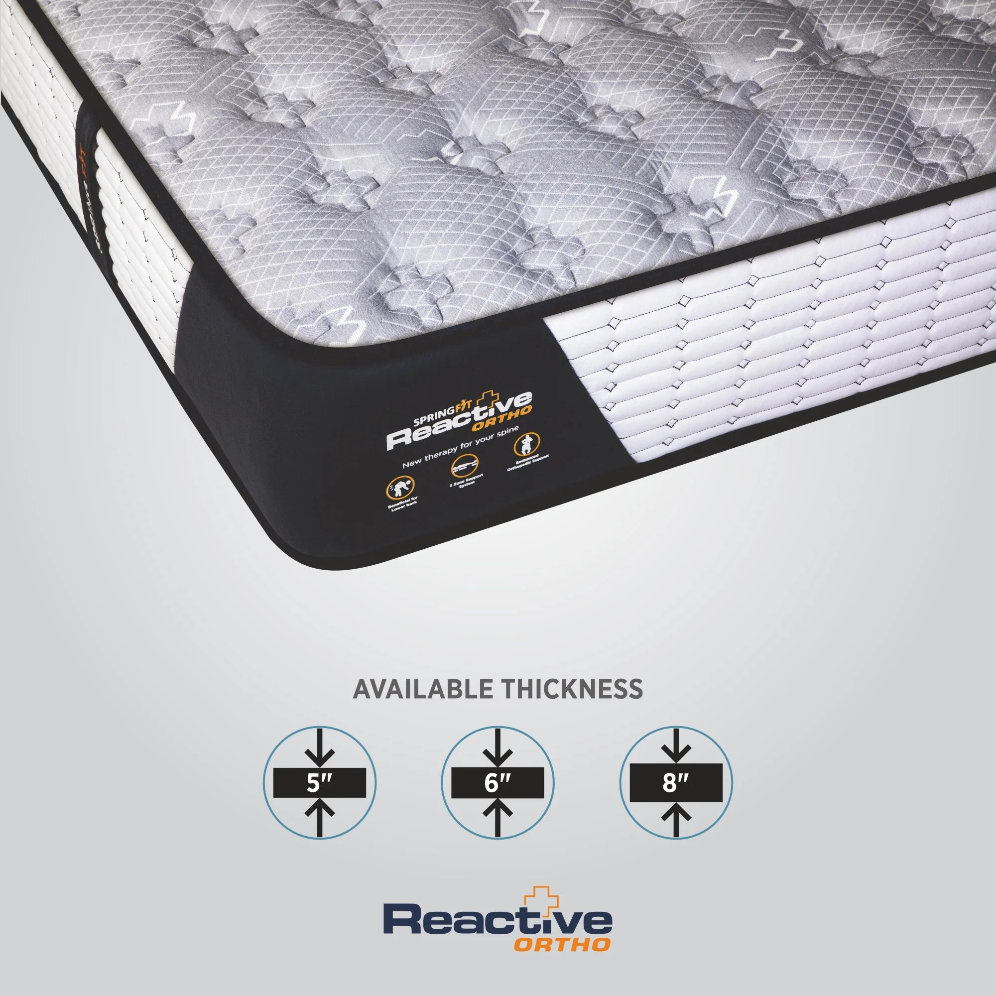 Springfit Reactive Ortho mattress corner close-up showing grey cross-pattern knitted top surface with black border label and available thickness options of 5 inch, 6 inch, and 8 inch