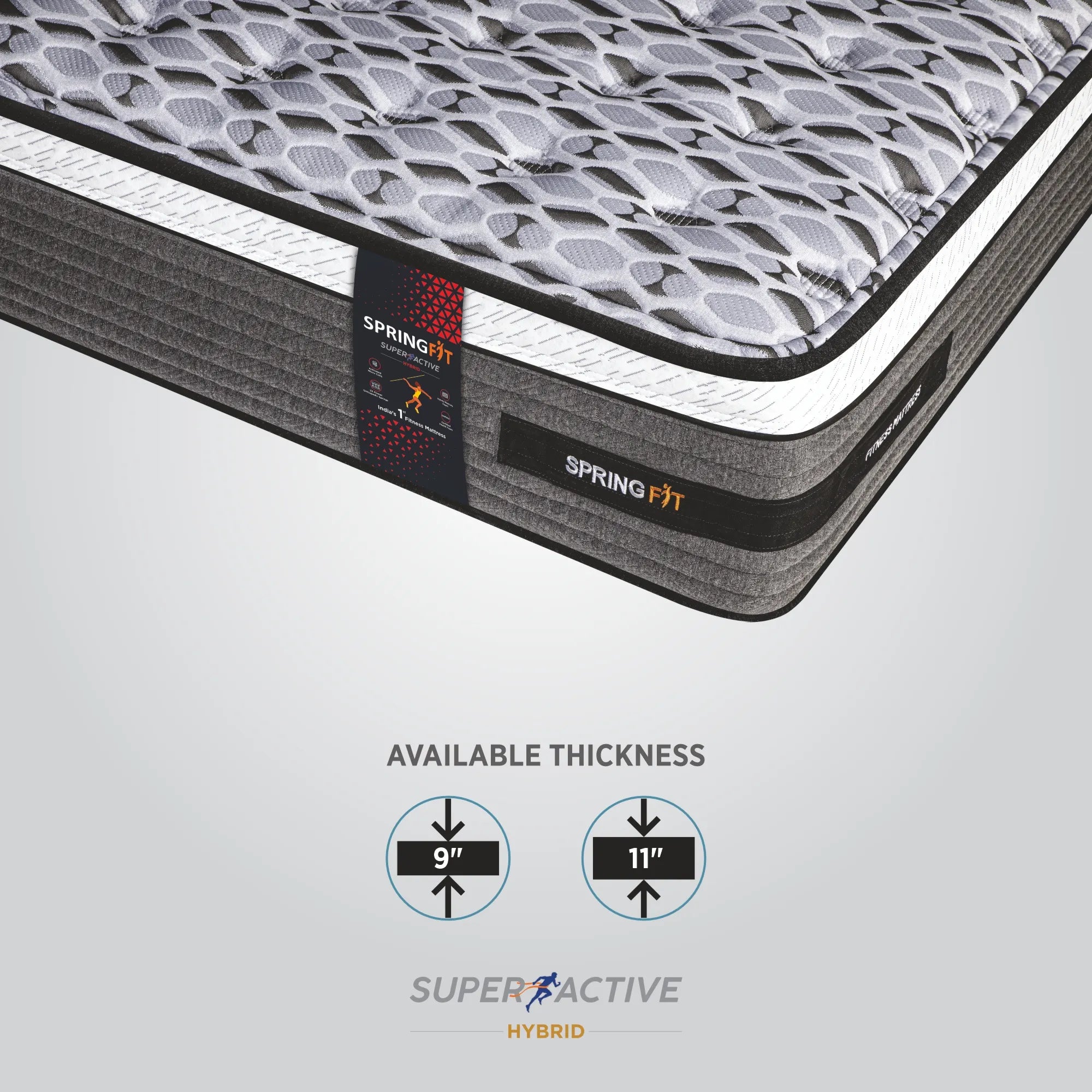 Close-up corner view of Springfit Super Active Hybrid fitness mattress with available thickness options of 9 inch and 11 inch