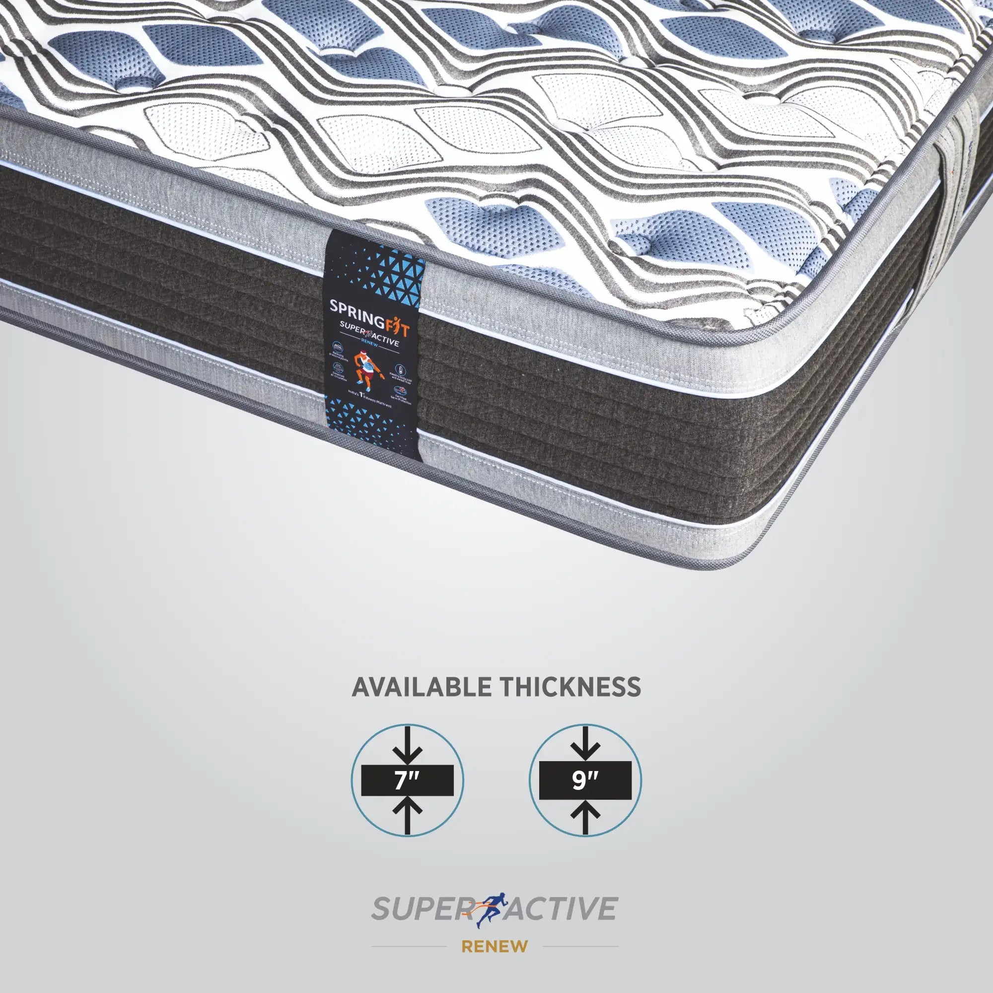 Close-up corner view of Springfit Super Active Renew mattress with available thickness options of 7 inch and 9 inch