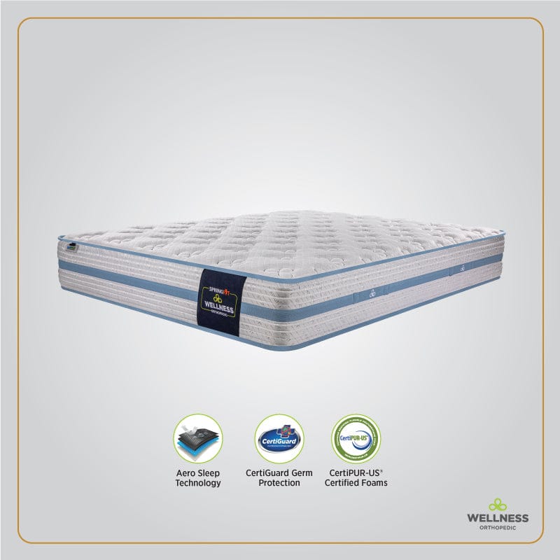 Springfit Wellness Orthopedic mattress displayed with certification badges for Aero Sleep Technology, CertiGuard Germ Protection, and CertiPUR-US certified foams