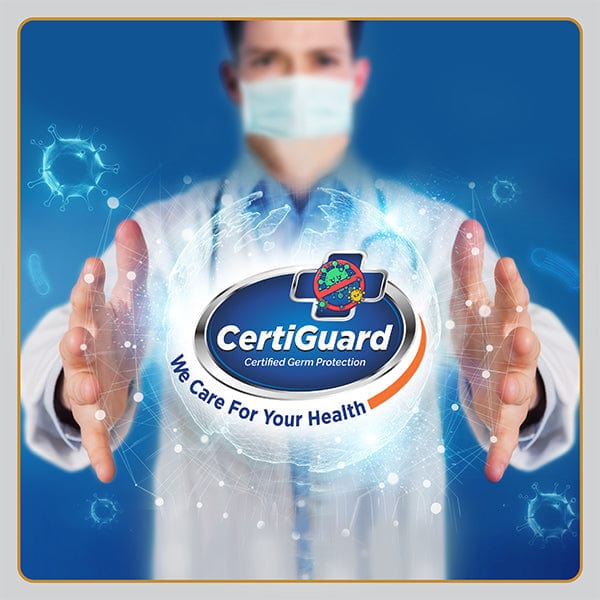 CertiGuard Certified Germ Protection badge presented by a doctor in a white coat, promoting hygienic and health-safe sleep technology in the Springfit Wellness Orthopedic mattress