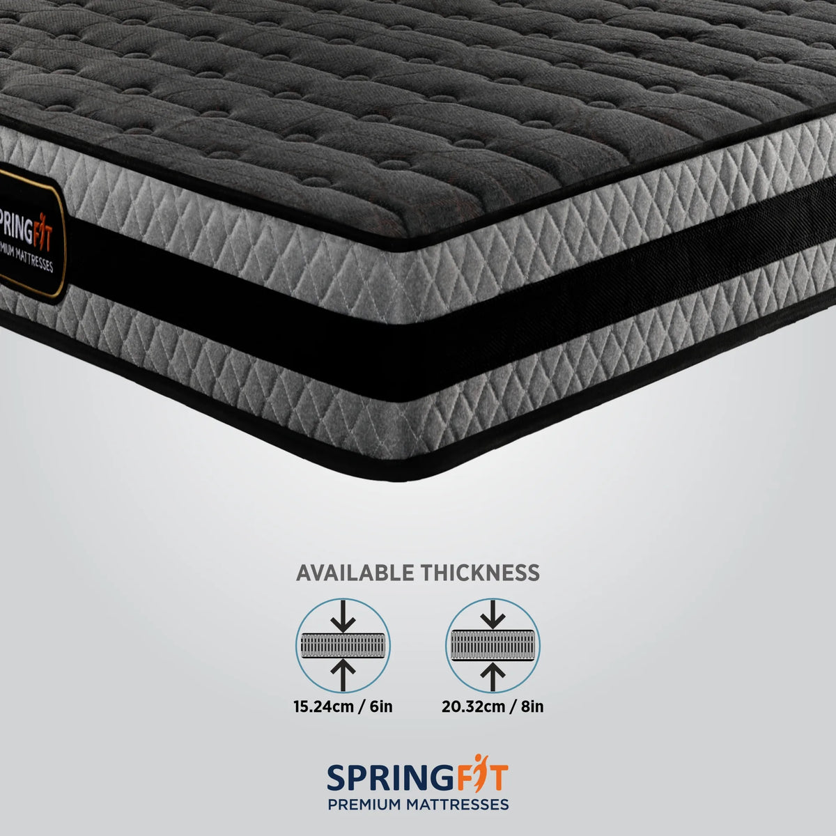 Close-up corner view of Springfit ZBox mattress with available thickness options of 6 inch (15.24cm) and 8 inch (20.32cm)