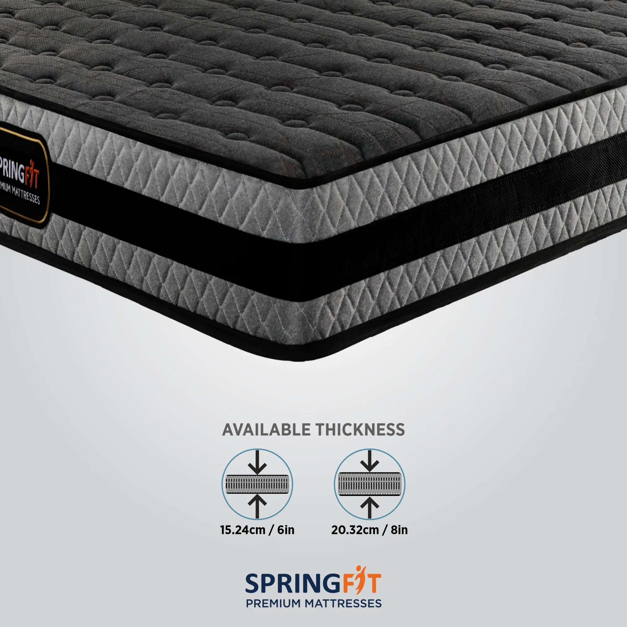 Close-up corner view of Springfit ZBox mattress with available thickness options of 6 inch (15.24cm) and 8 inch (20.32cm)