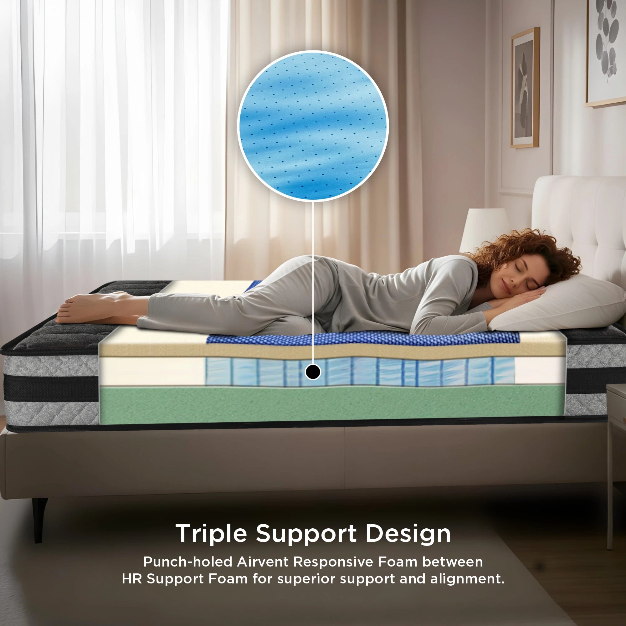 Springfit ZBox mattress Triple Support Design showing punch-holed Airvent Responsive Foam cross-section with woman sleeping on side