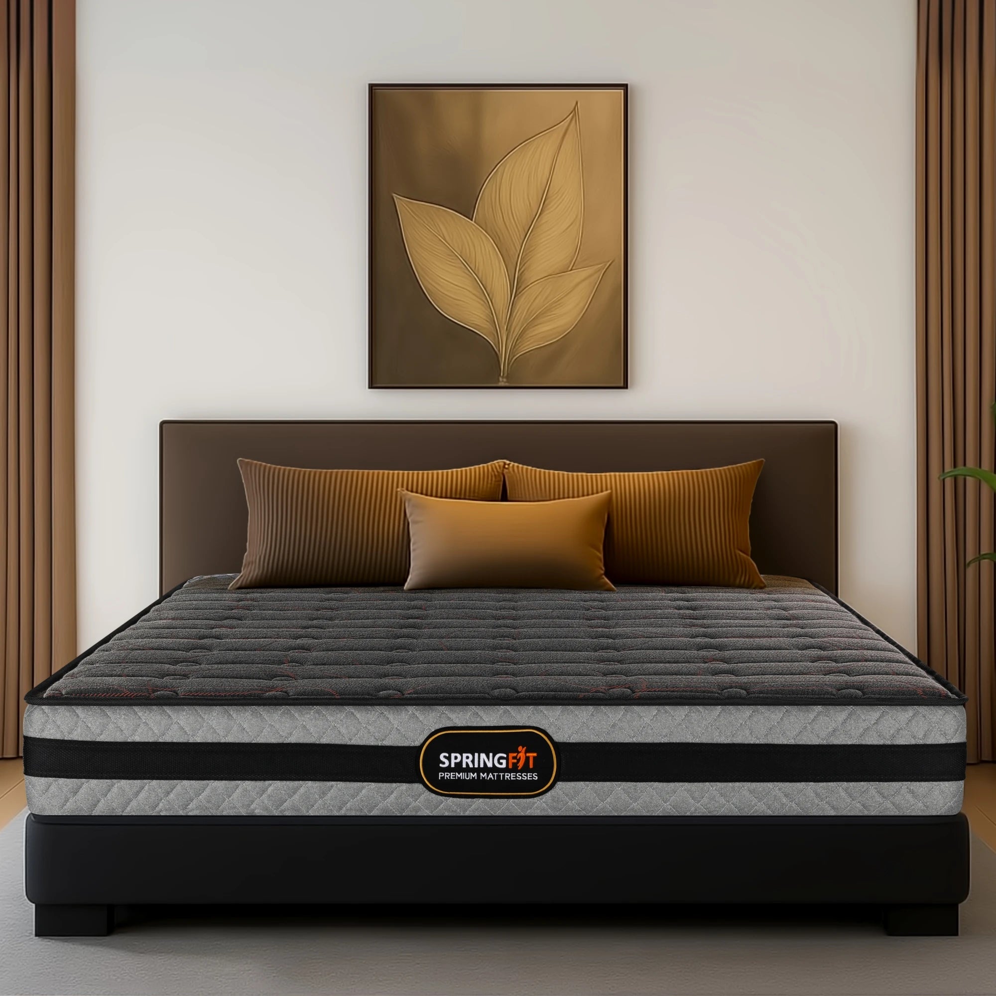 Front view of Springfit ZBox premium mattress with charcoal quilted top and golden striped pillows on black bed frame