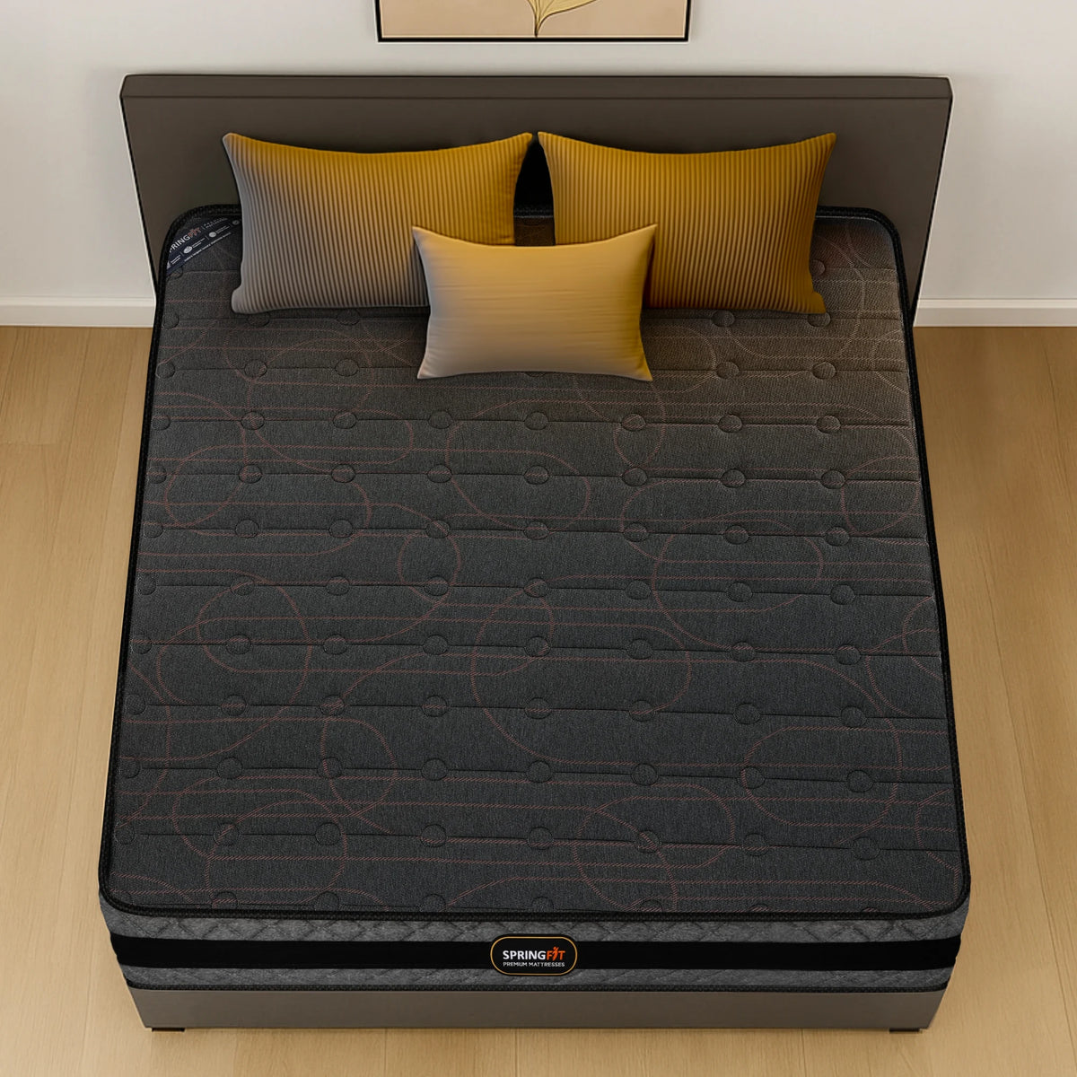 Top-down view of Springfit ZBox premium mattress showing advanced micro grid dark fabric pattern with golden accent pillows