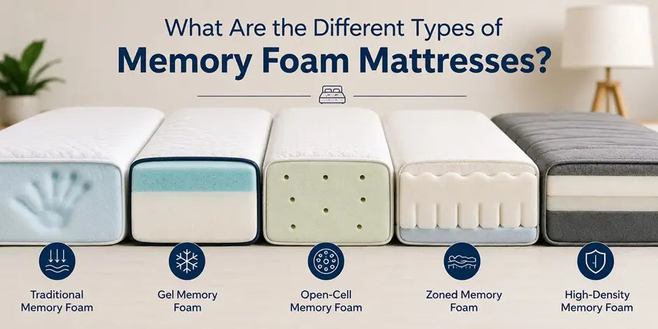 Infographic displaying five different types of memory foam mattresses lined up side-by-side, including traditional, gel, open-cell, zoned, and high-density memory foam.