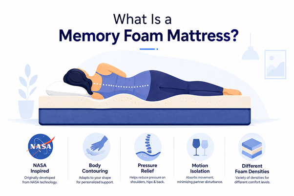 Infographic detailing what a memory foam mattress is, featuring benefits like NASA-inspired technology, body contouring, pressure relief, motion isolation, and foam density options.