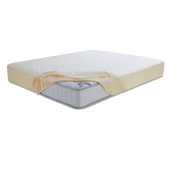 Springfit mattress protector with cream elastic fitted skirt being placed over a grey quilted mattress, showing easy installation and secure corner fit on white background
