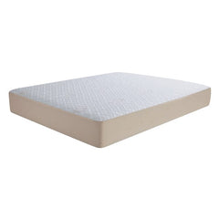 Springfit mattress protector with white diamond-quilted top and fitted beige skirt, shown fitted on a mattress in angled hero view on white background
